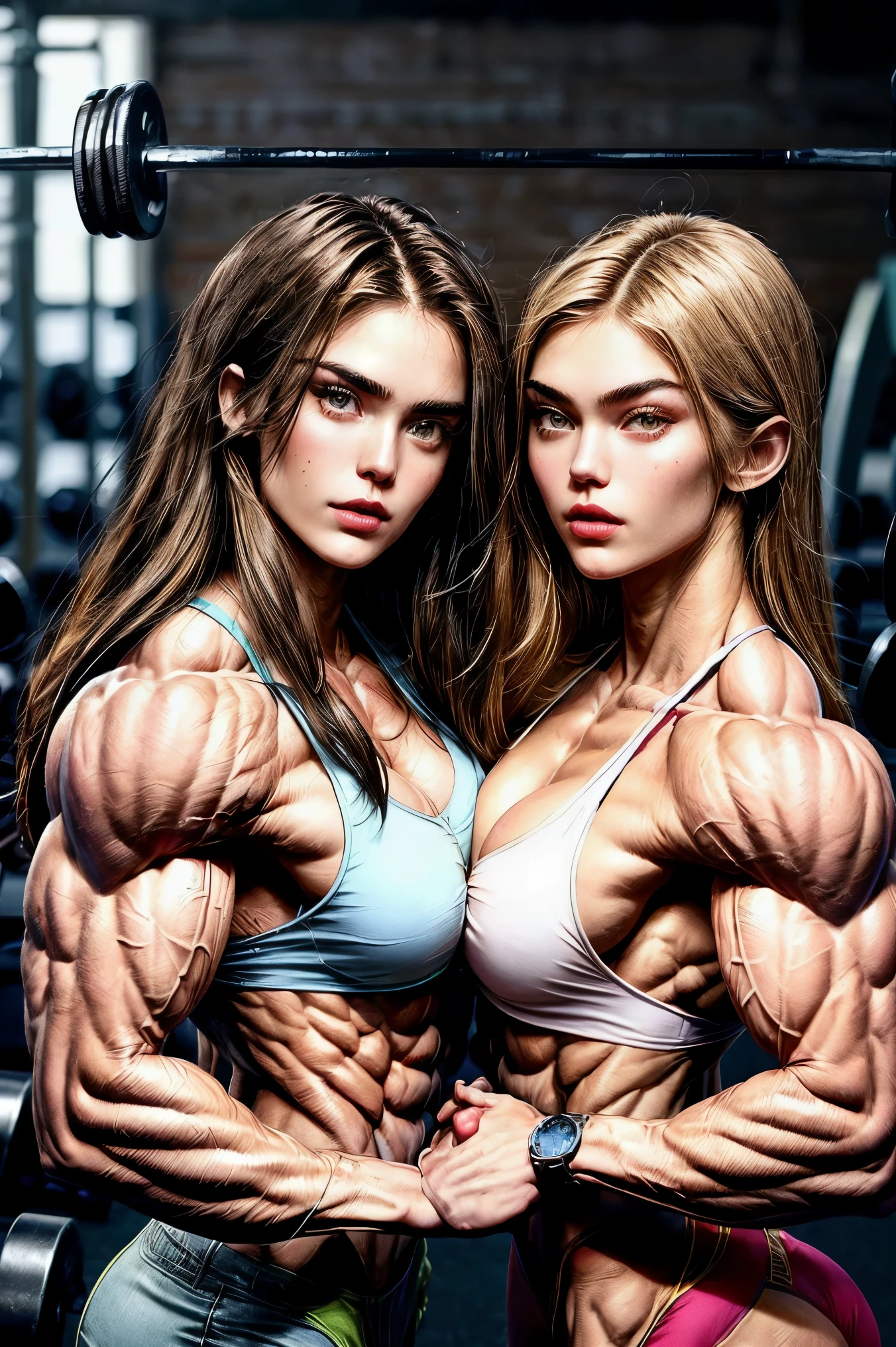 (2 girls body builders:1.6), ((masterpiece)), best quality, ultra-detailed:1.7, finely detail, high resolution:1.6, perfect dynamic composition, beautiful detailed faces:1.77, blonde babes:1.88, perfect red lipstick, perfect makeup:1.8, short denim bikini , large breasts:1.4, lovely look:1.7, gorgeous face:1.6, defined muscles:1.4, beautiful faces:1.8, alessandra ambrossio, izabel goulart, Kate Upton, Gigi Hadid, candice swanpoel ,popped out dense veins on muscles:1.8, hyper detailed picture:1.4, 8k resolution: 1.7, flex muscles:1.3, hyper muscular body shape:1.42, photorealistic:1.5, realistic:1.6, face masterpiece:1.74, good and professional lighting on picture:1.38, Arabian-Australian muscle beauty goddess, masterpiece 25 years old Madison Beer and Izabel Goulart as bodybuilders, extremely high resolution, hyper feminine beauty , hyper realistic texture, hyper muscularity, hyper vascularity, ass of titanium, muscles of steel, ripped body shape, ripped sexy ass with bikini, muscular ass , topless, good face details, hyper face detailing, super dominant moment, nude females, perfect symmetrical face, sexy arm wrestling each other, serious muscle posing, serious female bodybuilders, pec bouncing, chest muscles fibres, chest muscles with veins, flexing chest, crushing apple with breasts and chest muscles, shredded chest muscles, ripped with fibres
