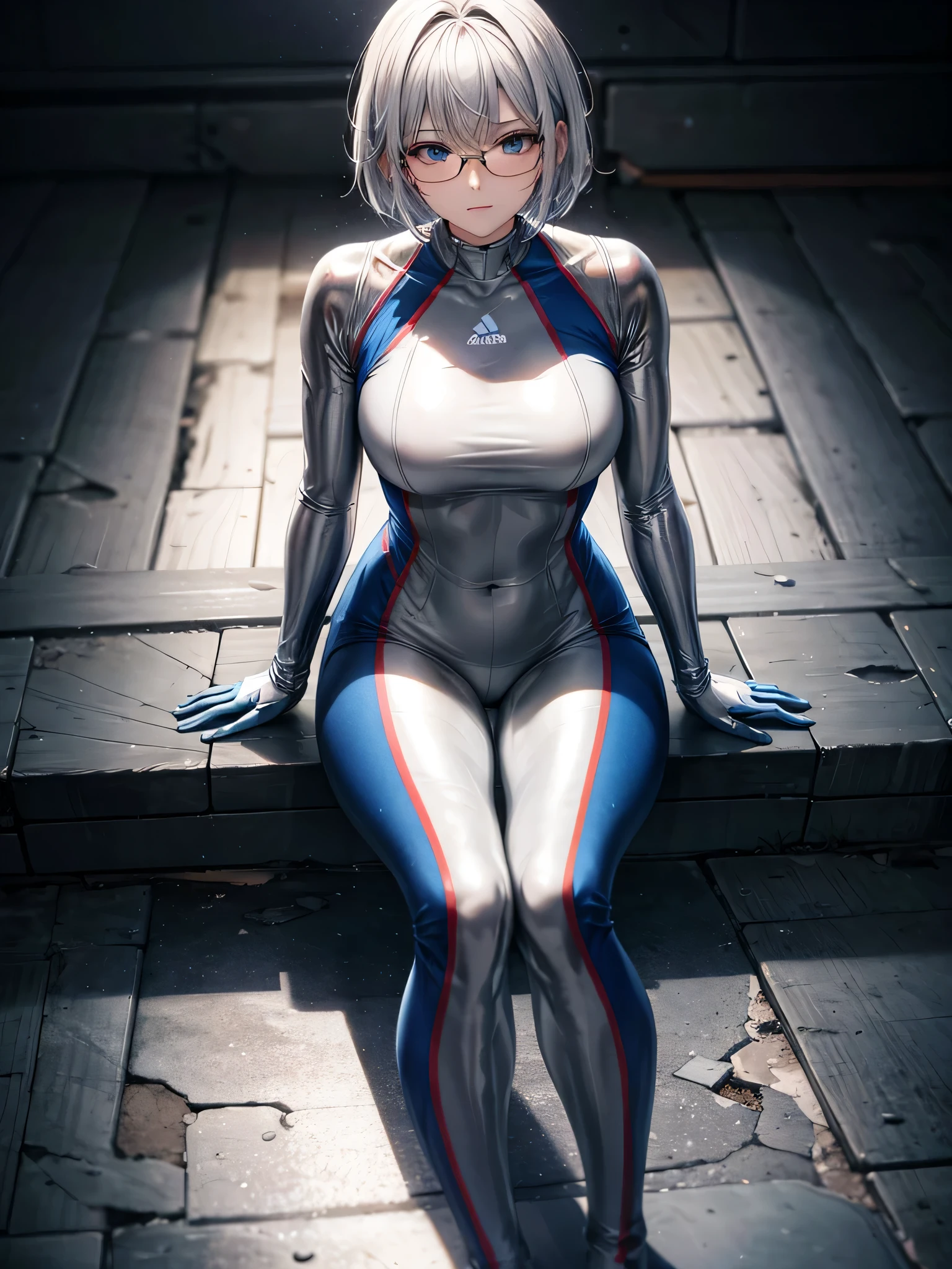 Top quality 8K UHD、short hair、pieces fly、silver hair、glasses uskul、Musculoskeletal system々、Upper body、Full body gloss、Beautiful woman wearing a full body silver metallic suit、A silver rubber suit that hides your lustrous skin