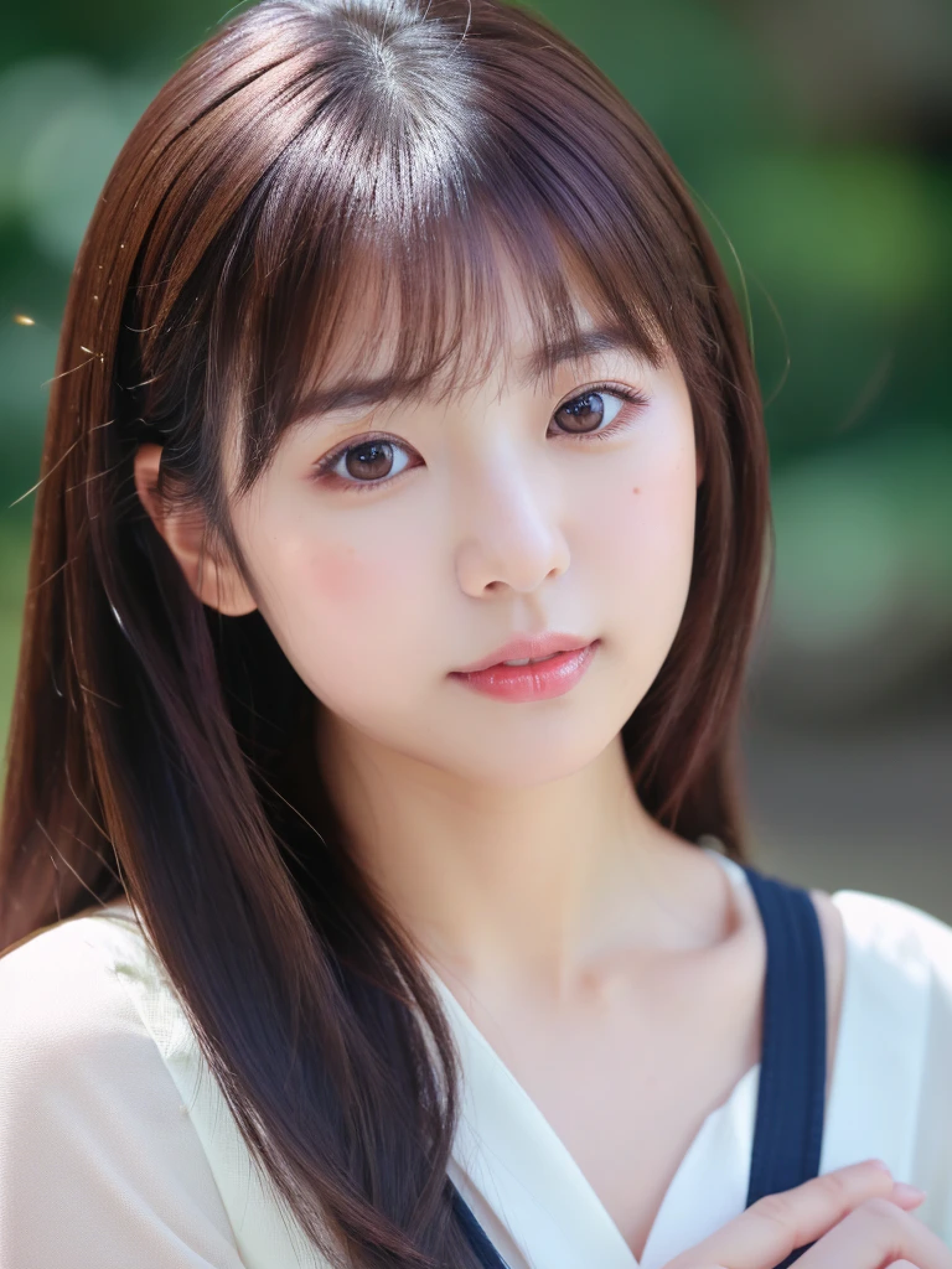((cute japanese girl、beautiful japanese girl、1 girl、19 years old、ponytail、Highly detailed face and skin texture、super detailed face、super detailed eyes、Li Hong、blush、close up of a woman、front、 from the neck up、cute、Highly detailed face and skin texture、smooth white skin、Transparent skin texture、))、(dark brown hair)、looking at the camera、sharp focus：1.2、beautiful woman with perfect style：1.4、japanese model、young gravure idol、young cute gravure idol、Realistic young gravure idol、sophisticated gravure idol、((highest quality、8K、masterpiece:1.5、１photos))、(4K、RAW photo、highest quality)、Place a person across the screen、Natural light、professional lighting、(realistic、Photo realistic:1.5)、 dark purple sexy one-piece dress、