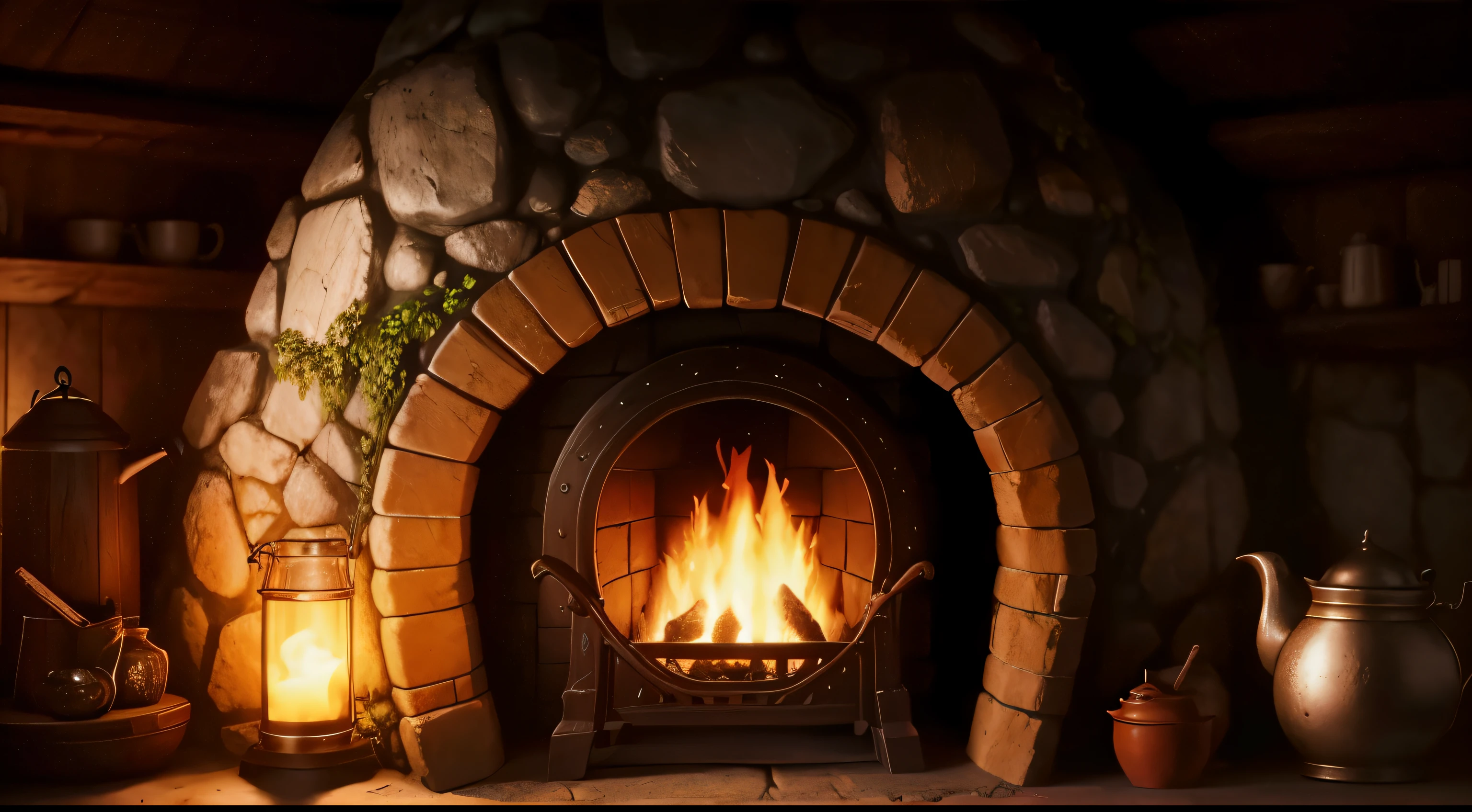 lareira com fogo e uma jarra ao lado, warm lareira, cosy lareira, lareira rugindo, em sua casa de hobbit, in fantasy tavern near lareira, lareira, irori lareira, ambiente aconchegante, papel de parede aconchegante, realistic fantasy rendering, interior of a buraco do hobbit, very realistic render, lugar aconchegante, unrealistic rendering without engine 5, super detailed rendering, buraco do hobbit