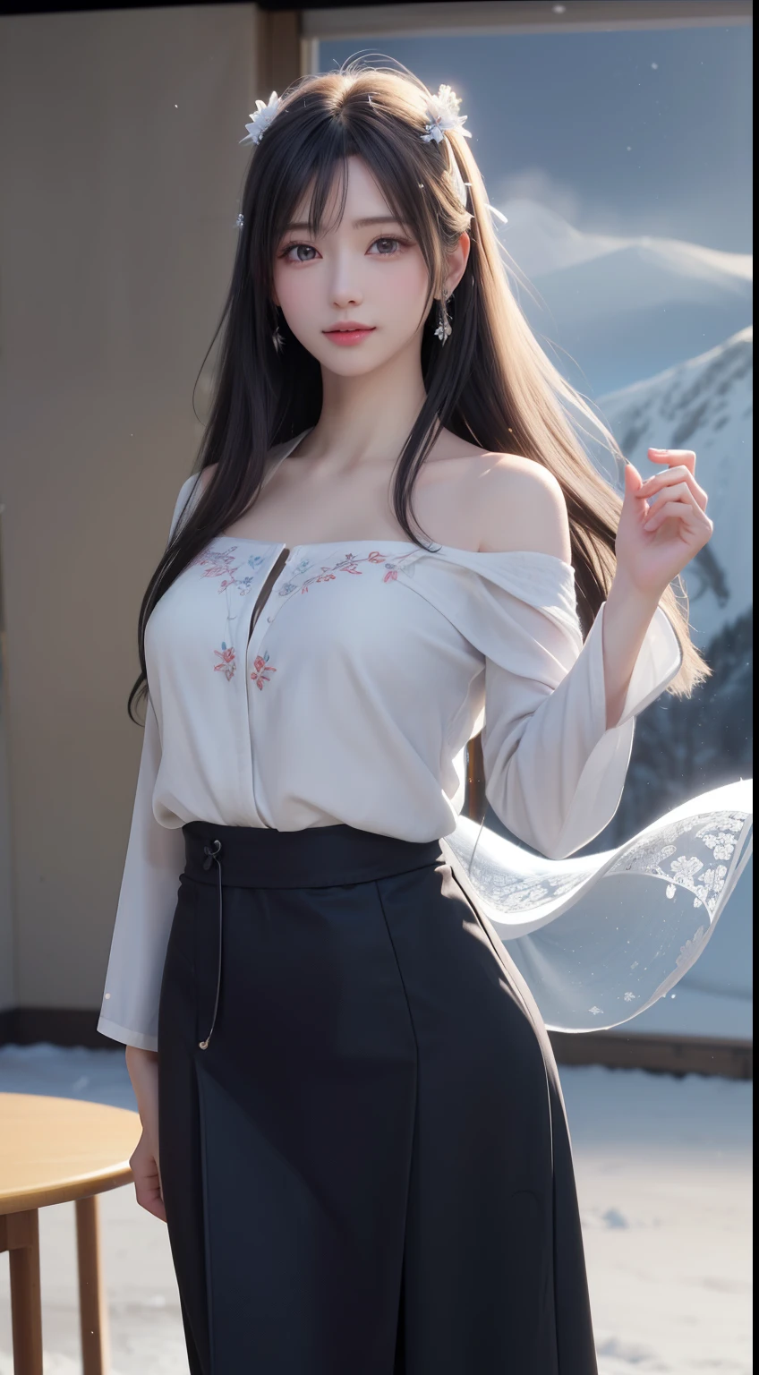 ((logo, masterpiece, 8k, table top, RAW photo, wonderful, 最high quality, Photorealistic and hvery detailed CG integrated 8k wallpaper, high quality, very detailed, Narrative poem, particle effects, dynamic effects, Depth of written boundary, cinematic light, Lens flare, ray tracing, anatomically accurate)), fantasy, 1 beautiful woman, (lilac hair), clear eyes, long hair, beautiful face, real face, 緻密でbeautiful eyes, beautiful skin, ((dancing woman, 優雅にdancing woman, snow sceneの中でdancing woman, 激しくdancing woman)), ((long hairがWindでなびく, long hairが跳ねる, long hairがWindで踊る)), hair jump, jewelry, beautiful eyes, white kimono, white obi, White cherry blossom embroidery pattern, silver earrings, Wind, snow mountainの中で, snow scene, snow mountain, snow makeup, 雪とhoarfrost, snow-capped mountainや森, hoarfrost, snow-capped mountain々, The beauty and brilliance of frost-covered trees, The tranquility and beauty of a world of ice and snow