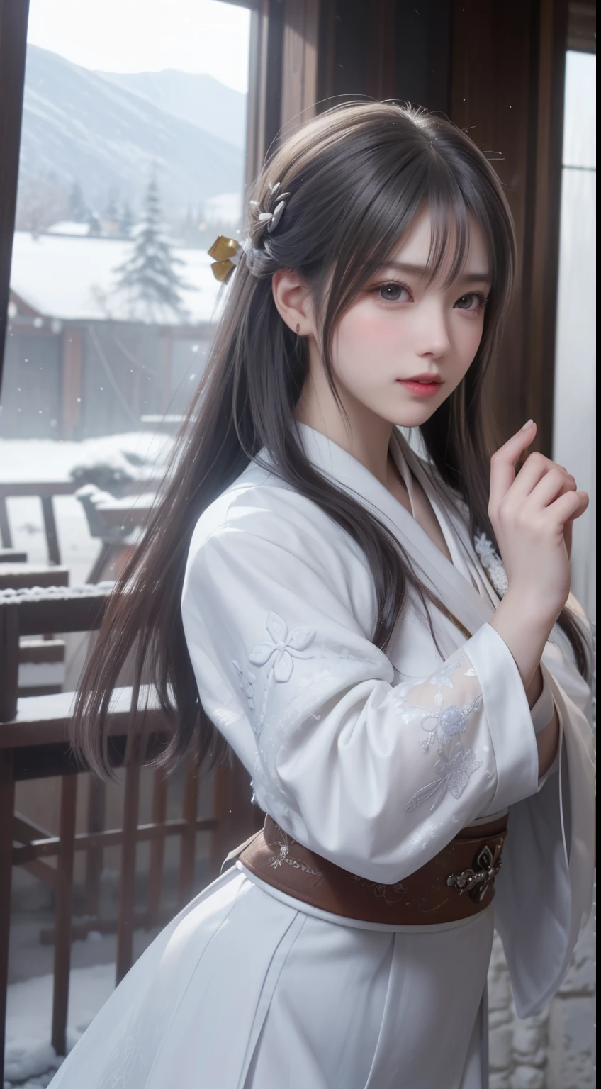 ((logo, masterpiece, 8k, table top, RAW photo, wonderful, 最high quality, Photorealistic and hvery detailed CG integrated 8k wallpaper, high quality, very detailed, Narrative poem, particle effects, dynamic effects, Depth of written boundary, cinematic light, Lens flare, ray tracing, anatomically accurate)), fantasy, 1 beautiful woman, (lilac hair), clear eyes, long hair, beautiful face, real face, 緻密でbeautiful eyes, beautiful skin, ((dancing woman, 優雅にdancing woman, snow sceneの中でdancing woman, 激しくdancing woman)), ((long hairがWindでなびく, long hairが跳ねる, long hairがWindで踊る)), hair jump, jewelry, beautiful eyes, white kimono, white obi, White cherry blossom embroidery pattern, silver earrings, Wind, snow mountainの中で, snow scene, snow mountain, snow makeup, 雪とhoarfrost, snow-capped mountainや森, hoarfrost, snow-capped mountain々, The beauty and brilliance of frost-covered trees, The tranquility and beauty of a world of ice and snow