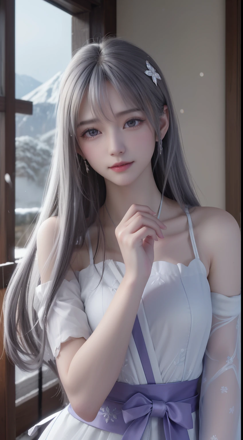 ((logo, masterpiece, 8k, table top, RAW photo, wonderful, 最high quality, Photorealistic and hvery detailed CG integrated 8k wallpaper, high quality, very detailed, Narrative poem, particle effects, dynamic effects, Depth of written boundary, cinematic light, Lens flare, ray tracing, anatomically accurate)), fantasy, 1 beautiful woman, ((lilac hair)), clear eyes, long hair, beautiful face, real face, 緻密でbeautiful eyes, beautiful skin, ((dancing woman, 優雅にdancing woman, snow sceneの中でdancing woman, 激しくdancing woman)), ((long hairがWindでなびく, long hairが跳ねる, long hairがWindで踊る)), hair jump, jewelry, beautiful eyes, white kimono, white obi, White cherry blossom embroidery pattern, silver earrings, Wind, snow mountainの中で, snow scene, snow mountain, snow makeup, 雪とhoarfrost, snow-capped mountainや森, hoarfrost, snow-capped mountain々, The beauty and brilliance of frost-covered trees, The tranquility and beauty of a world of ice and snow, hair color is light purple