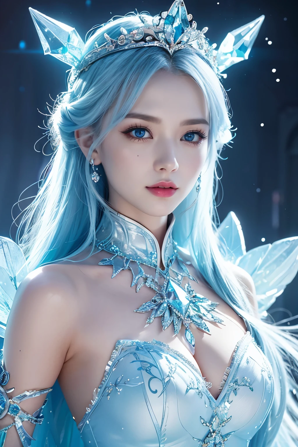 ( absurdly , high quality , Super detailed,See photographer ), Ice Queen,Crystal costume with detailed, beautiful and colorful patterns,ice queen,ice World,fantasy