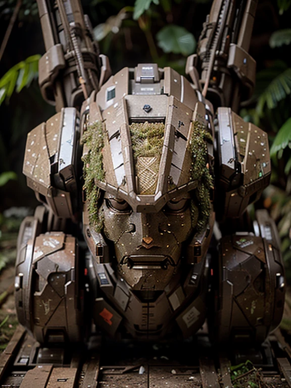 old mech, abandoned mech, unwanted mech, overgrown with moss, sitting down, in a jungle