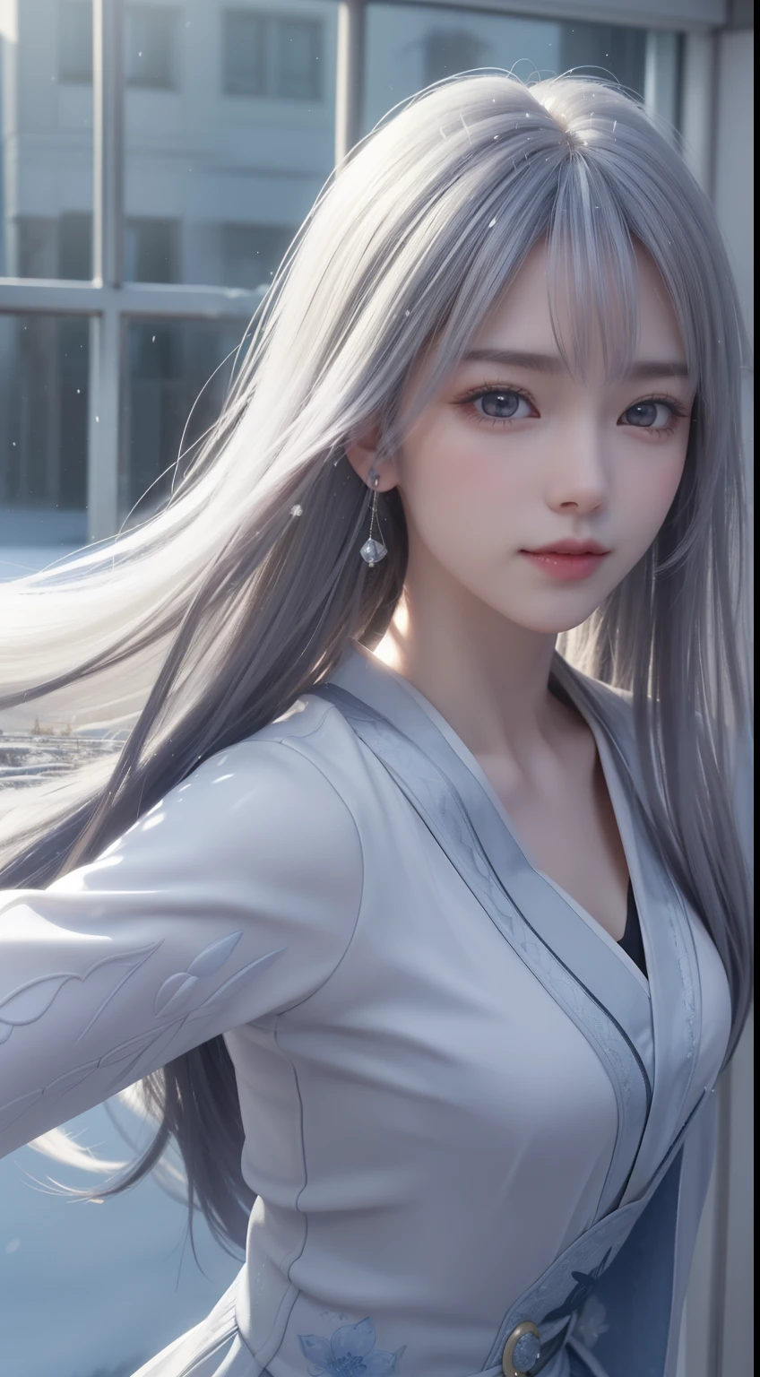 ((logo, masterpiece, 8k, table top, RAW photo, wonderful, 最high quality, Photorealistic and hvery detailed CG integrated 8k wallpaper, high quality, very detailed, Narrative poem, particle effects, dynamic effects, Depth of written boundary, cinematic light, Lens flare, ray tracing, anatomically accurate)), fantasy, 1 beautiful woman, ((lilac hair)), clear eyes, long hair, beautiful face, real face, 緻密でbeautiful eyes, beautiful skin, ((dancing woman, 優雅にdancing woman, snow sceneの中でdancing woman, 激しくdancing woman)), ((long hairがWindでなびく, long hairが跳ねる, long hairがWindで踊る)), hair jump, jewelry, beautiful eyes, white kimono, white obi, White cherry blossom embroidery pattern, silver earrings, Wind, snow mountainの中で, snow scene, snow mountain, snow makeup, 雪とhoarfrost, snow-capped mountainや森, hoarfrost, snow-capped mountain々, The beauty and brilliance of frost-covered trees, The tranquility and beauty of a world of ice and snow, hair color is light purple