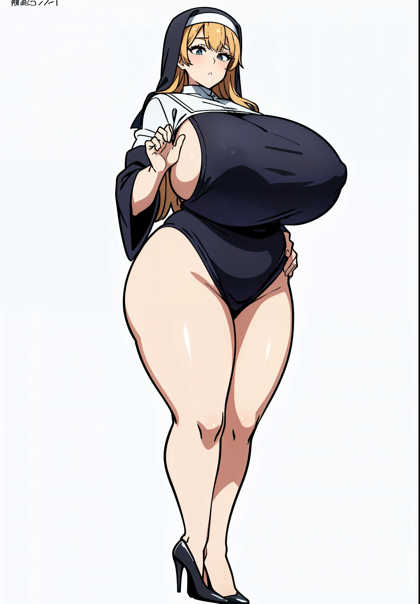 ((Cartoon image of a tall woman with long legs wearing a monk&#39;s robe and high heels)), tits, tits proportions, big breasts!!,big breasts!, Close-up of intense gesture style, She has a Plump, round belly, 覆われたSFWのhuge breasts, junko enoshima, big breastsを持つ, Full body close-up shot, thick, big breastsを持つ,mature woman,huge breasts,Plump,,((垂れ下がったtits)),blond hair,long sleeves, nun, habit, nun, habit, dress, black dress, long dress, catholic