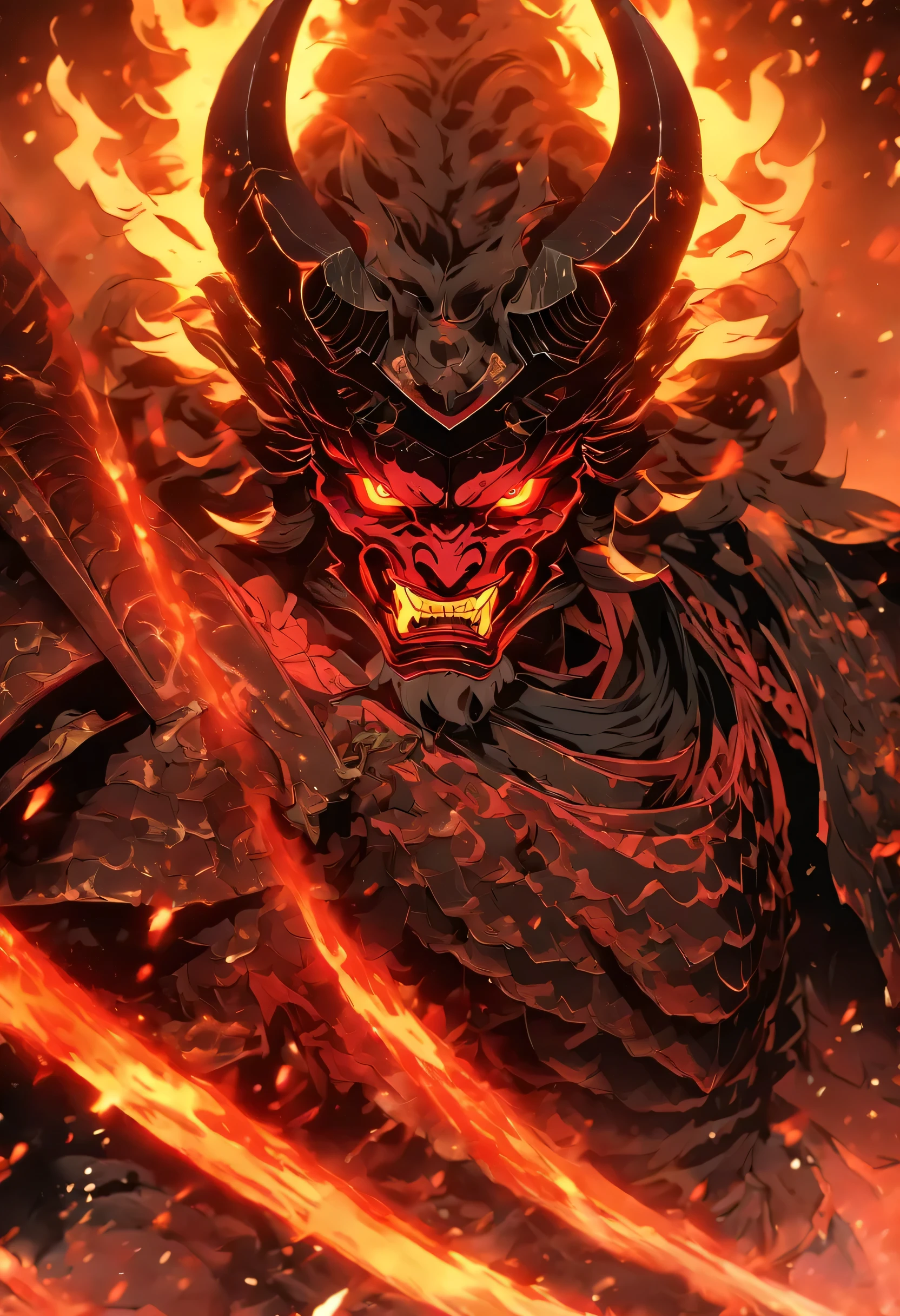 In the depths of darkness, a fearsome demon emerges, its eyes ablaze with an ethereal scarlet glow. Clad in an ancient Japanese shogun armor, meticulously etched with intricate motifs, it stands with an imposing presence that commands both respect and dread. Its helmet, adorned with fierce demonic horns, adds to its sinister aura. The demon's battle stance exudes an air of unwavering confidence, as if it has faced countless foes and emerged victorious each time. Its hand hovers near the hilt of a gleaming blade, poised to unsheathe it at a moment's notice. The armor's metallic plates reflect a soft, ominous light, casting an eerie glow upon its surroundings. With every fiber of its being radiating an otherworldly power, this demon, forged by ancient legends and fueled by malevolence, awaits its next challenger, ready to unleash chaos and devastation upon any who dare cross its path.