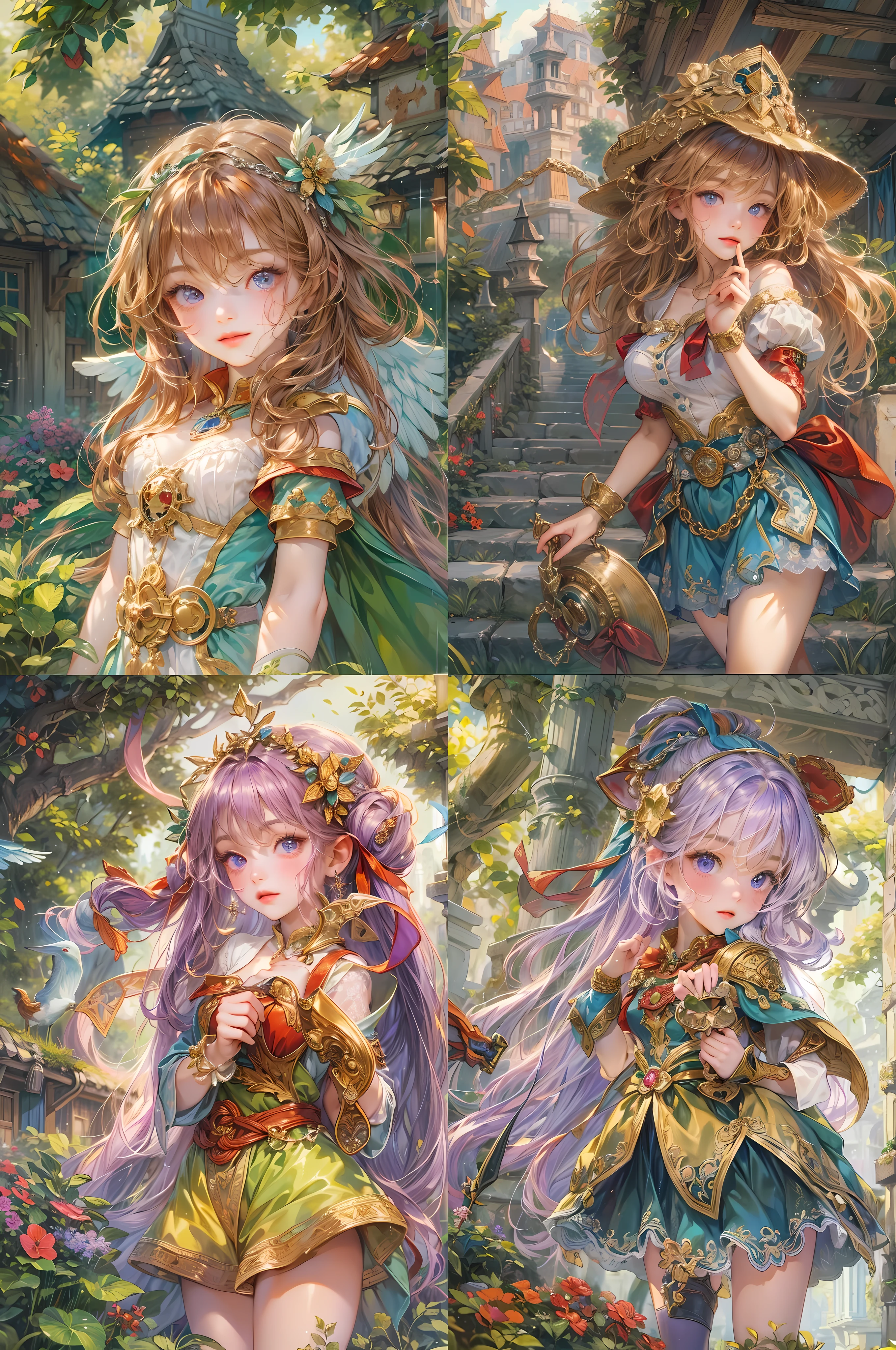 (absurdres, highres, ultra detailed, HDR), masterpiece, best quality, legend of mana character, portrait of a girl, beautiful celestial being, an angel in town of lumina, detailed face, greenish yellow touch, in a legend of mana town, lumina, adventurer, pretty adventurer, scarlet red details, professional photo, rpg style girl, bluish purple eyes, detailed torso, eyes on viewer,young girl 18 years old, cute girl in an overgrown town, detailed background, detailed landscape