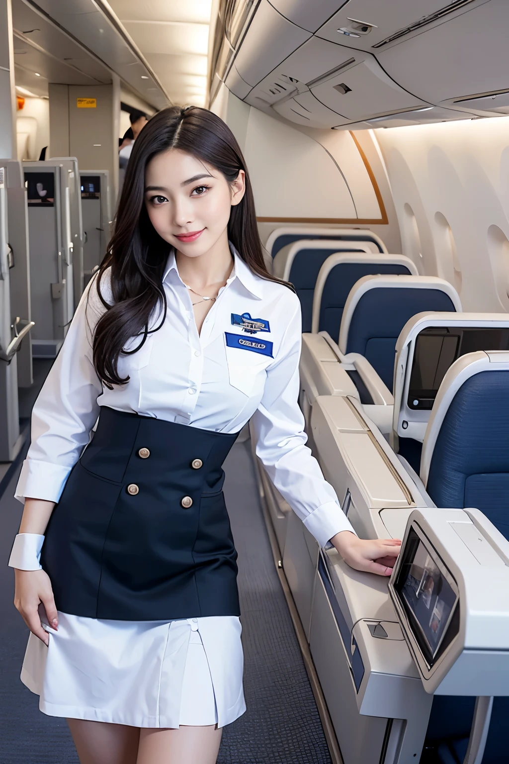 highest quality, masterpiece, 8k, ultra high resolution, (realistic: 1.4), 1 girl, beautiful face, symmetrical eyes, big, perfect body proportions, stewardess uniform, the gaze of the beholder, (Inside the airplane: 1.2), Front view, smile、Absolute area (1.3),