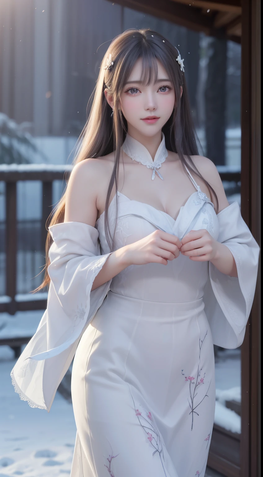 ((logo, masterpiece, 8k, table top, RAW photo, wonderful, 最high quality, Photorealistic and hvery detailed CG integrated 8k wallpaper, high quality, very detailed, Narrative poem, particle effects, dynamic effects, Depth of written boundary, cinematic light, Lens flare, ray tracing, anatomically accurate)), fantasy, 1 beautiful woman, ((lilac hair)), clear eyes, long hair, beautiful face, real face, 緻密でbeautiful eyes, beautiful skin, ((dancing woman, 優雅にdancing woman, snow sceneの中でdancing woman, 激しくdancing woman)), ((long hairがWindでなびく, long hairが跳ねる, long hairがWindで踊る)), hair jump, jewelry, beautiful eyes, white kimono, white obi, White cherry blossom embroidery pattern, silver earrings, Wind, snow mountainの中で, snow scene, snow mountain, snow makeup, 雪とhoarfrost, snow-capped mountainや森, hoarfrost, snow-capped mountain々, The beauty and brilliance of frost-covered trees, The tranquility and beauty of a world of ice and snow, hair color is light purple