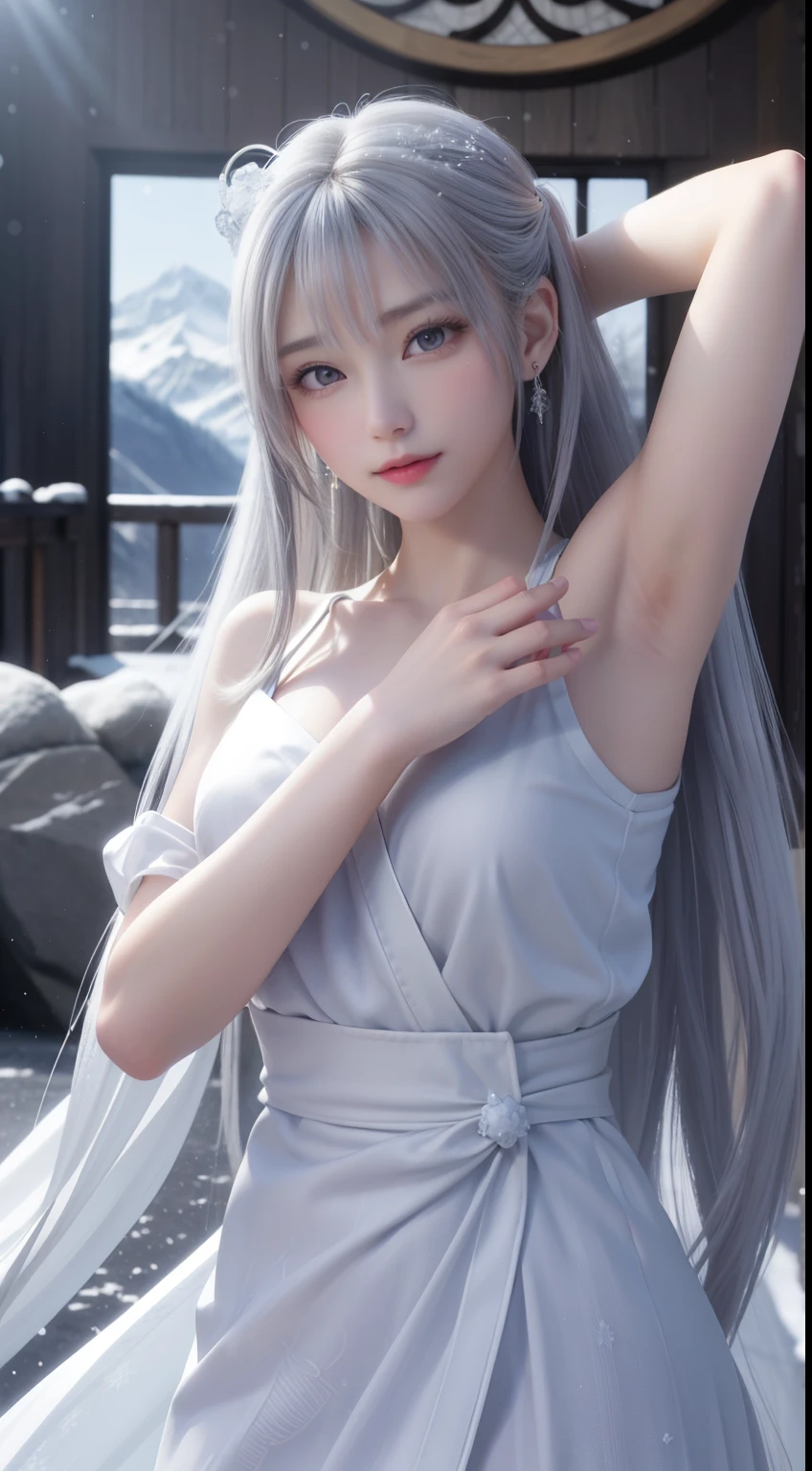 ((logo, masterpiece, 8k, table top, RAW photo, wonderful, 最high quality, Photorealistic and hvery detailed CG integrated 8k wallpaper, high quality, very detailed, Narrative poem, particle effects, dynamic effects, Depth of written boundary, cinematic light, Lens flare, ray tracing, anatomically accurate)), fantasy, 1 beautiful woman, ((lilac hair)), clear eyes, long hair, beautiful face, real face, 緻密でbeautiful eyes, beautiful skin, ((dancing woman, 優雅にdancing woman, snow sceneの中でdancing woman, 激しくdancing woman)), ((long hairがWindでなびく, long hairが跳ねる, long hairがWindで踊る)), hair jump, jewelry, beautiful eyes, white kimono, white obi, White cherry blossom embroidery pattern, silver earrings, Wind, snow mountainの中で, snow scene, snow mountain, snow makeup, 雪とhoarfrost, snow-capped mountainや森, hoarfrost, snow-capped mountain々, The beauty and brilliance of frost-covered trees, The tranquility and beauty of a world of ice and snow, hair color is light purple