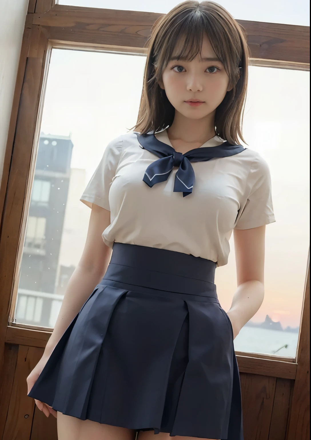 shy smile、((NSFW))、((camel toe))、((female organ:1.1))、(masterpiece, best image quality:1.2), 8k, beautiful girl, (When I lift up my short navy blue skirt, you can see her naked lower body.、I can see your crotch:1.8)、short sleeveの白シャツ、cute face、 body shot、school uniform、 (navy pleated skirt:1.1)、thighs、short sleeve、sunset、Sunset、orange light、Tucked up skirt