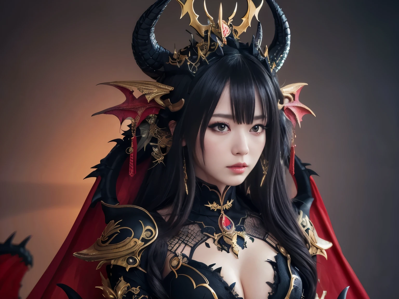 relaxed pose,( absurdly , high quality , Super detailed,See photographer ), black dragon queen,Detailed and beautifully colored dragon costume,