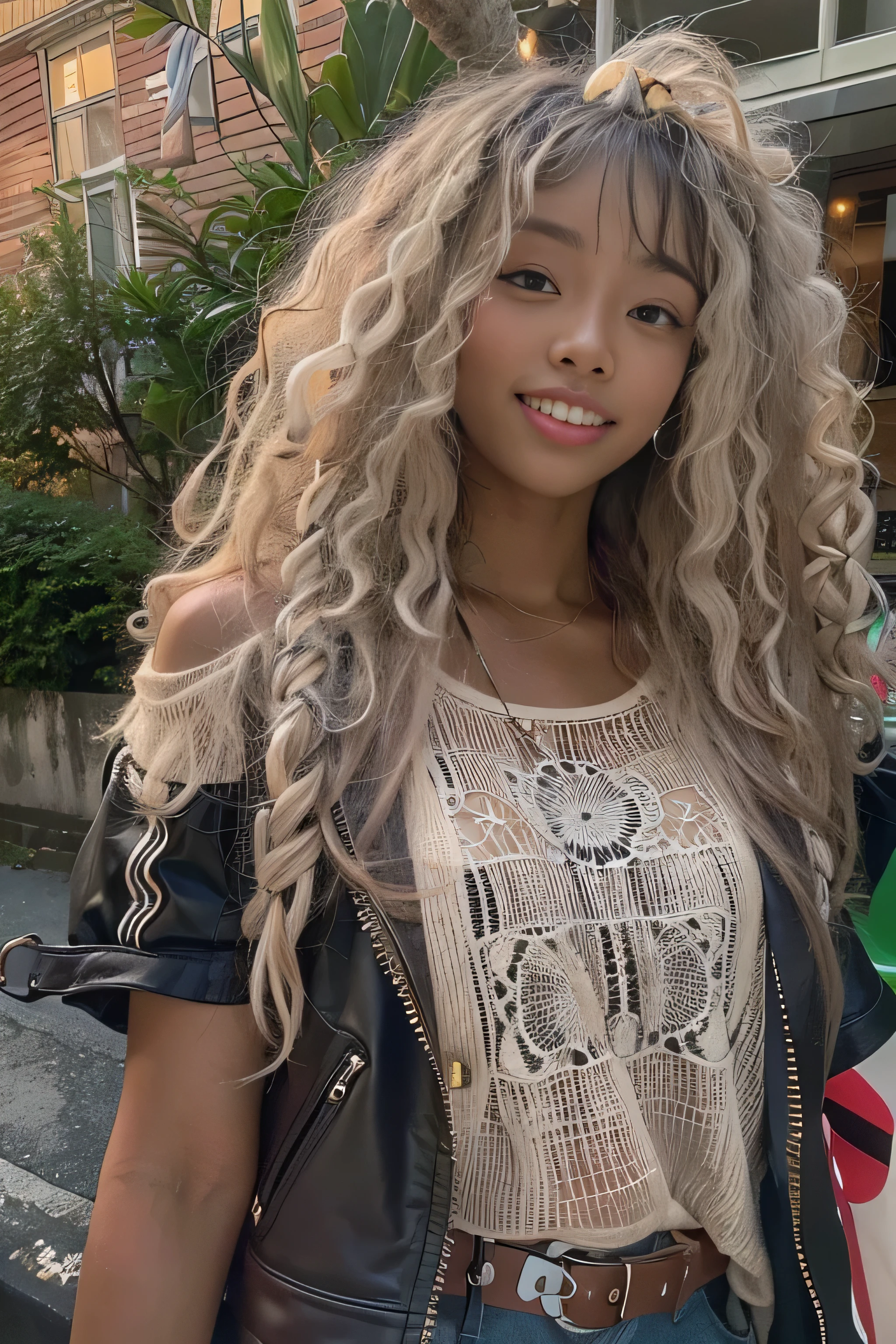 masterpiece, best quality, beautiful African and Asian mixed 19 year old, ebony skin female, long, frizzy, curly dark hair, perfect face, long hair, melanin, street style clothes