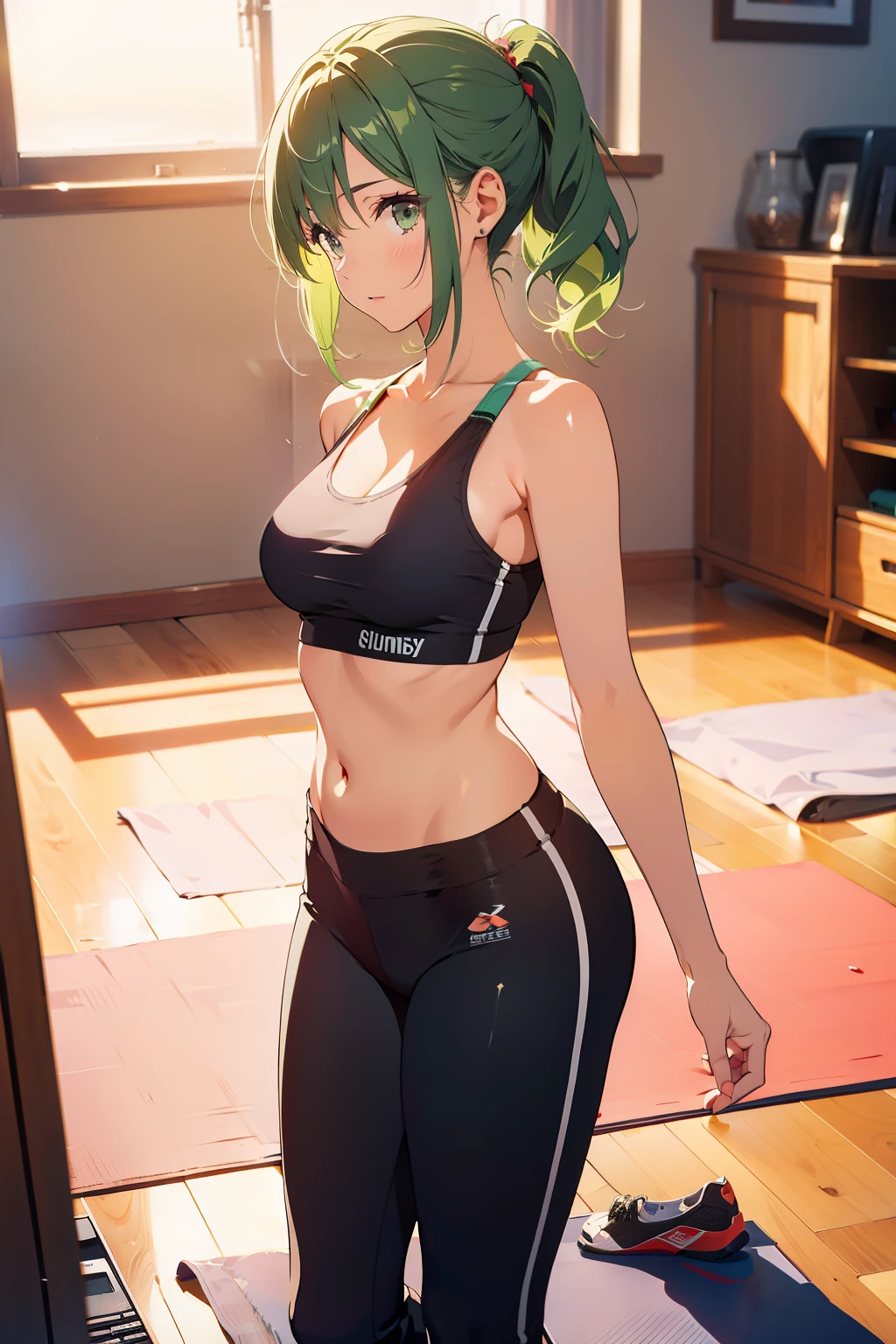 (Best quality, 8K, A high resolution, Masterpiece:1.2)Mature female, Medium hair, Green hair, short_pony tails, Sports bra , Yoga pants for, Yoga room