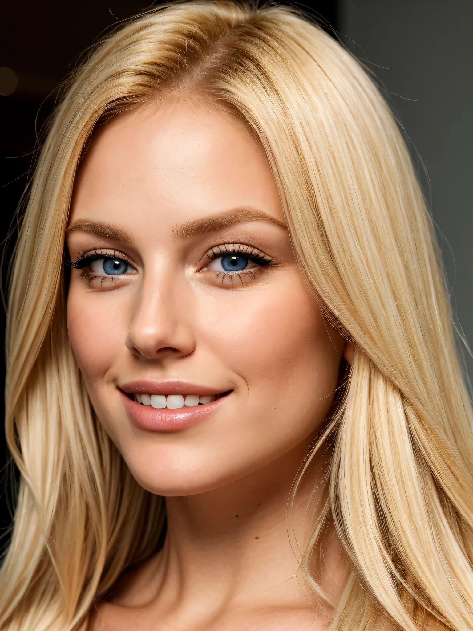 Close-up photo of blonde face with perfect eyes, big and beautiful eyes, just a little smile, profile,