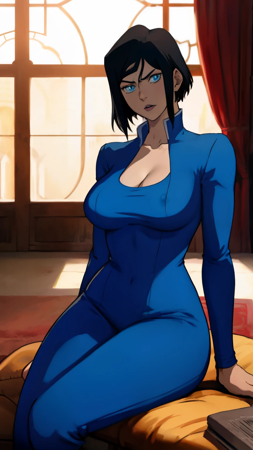 masterpiece, best quality, seras, seras victoria,  hellsing, 1girl, solo, , sitting,, warm lighting, lustful gaze, in heat, horny, head tilt, looking to the side, gigantic breasts, breast focus,  boob window, bare breasts, arms behind back, arms behind back, Detailed face, Detailed blue eyes, Detailed face, blue eyes, perfect eyes, perfect face, nude, naked breasts, cleavage, blue one piece bodysuit, wearing blue one piece bodysuit, blue jumpsuit,  korra 