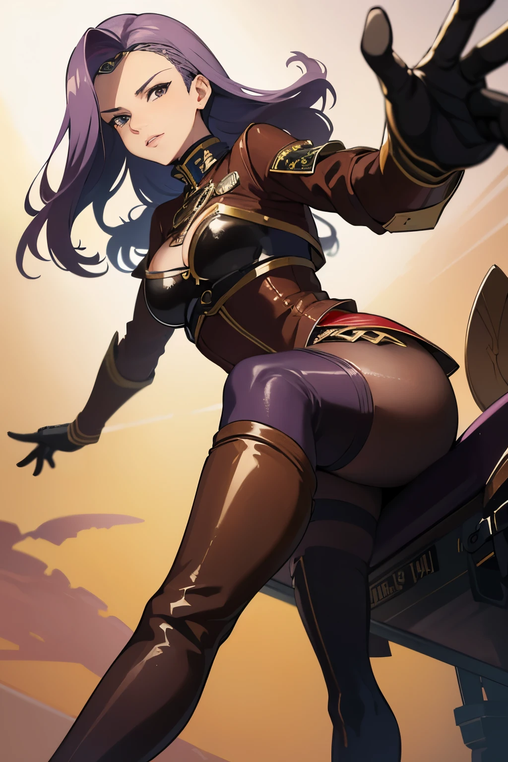 defsonya, purple hair, (((full body))), jodhpurs, riding pants, tight pants, (pants), beige pants riding coat, (((tailcoat))), red tailcoat, equestrian, equestrienne, ((riding crop)), (((brown leather thigh high boots))), (((brown leather thigh-high boots))), (((brown boots))), (((brown leather gloves))), ((opera gloves)), gloves, ((jockey)), heel being shown, using riding crop, ((stiletto heel)), pointy heel, ((sitting on saddle)), ((brown saddle)), ((riding saddle)), legs across saddle, sitting pretty,riding crop(5:1),sexy,anime(7:1),POV(3:1),1girl(5:1),busty,thin waist,high quality,best quality,racetrack,grassy field,race track,boot worship(3:1),horse race track,anime milf,mature anime woman,boot fetish(3:1),white pants,anime style,solo,anime face(3:1),looking at viewer,looking at camera,purple hair,femdom[2:1],fullbody(3:1),tan pants,pants,small nose,anime nose(3:1),no nose,full body view,beige pants,looking down at viewer(4:1),foreshortening,beige_pants,beige riding pants,white riding pants,looking down,pov eye contact,presenting boot,pointing sole of boot at camera,from below(3:1),viewed from below,anime style,anime(5:1),whip,fully clothed,wearing pants,cream pants,tights,leggings,white tights,cream tights