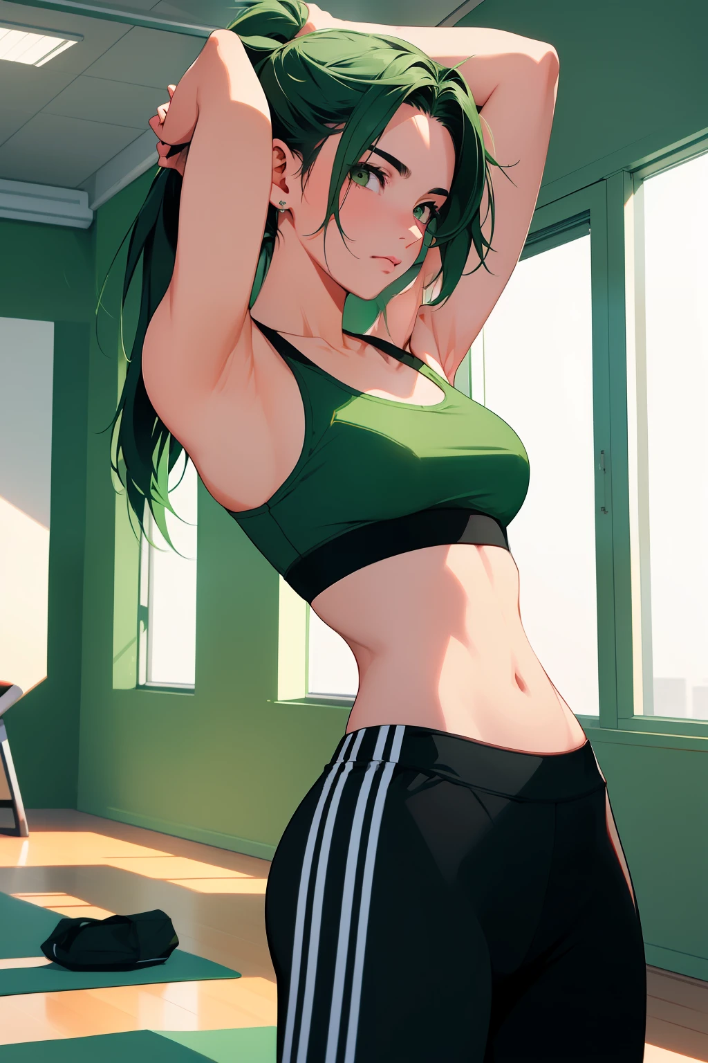 masterpiece, absurdres , (intricate details), (colorful),cinematic lighting,bust shot,extremely detailed CG unity 8k wallpaper , ubel, 1girl, solo,mature female, floating hair, hair between eyes, (green hair:1.3), bright pupils, (purple eyes:1.3).,, arm up, looking at viewer, sports bra, locker room,cowboy shot,