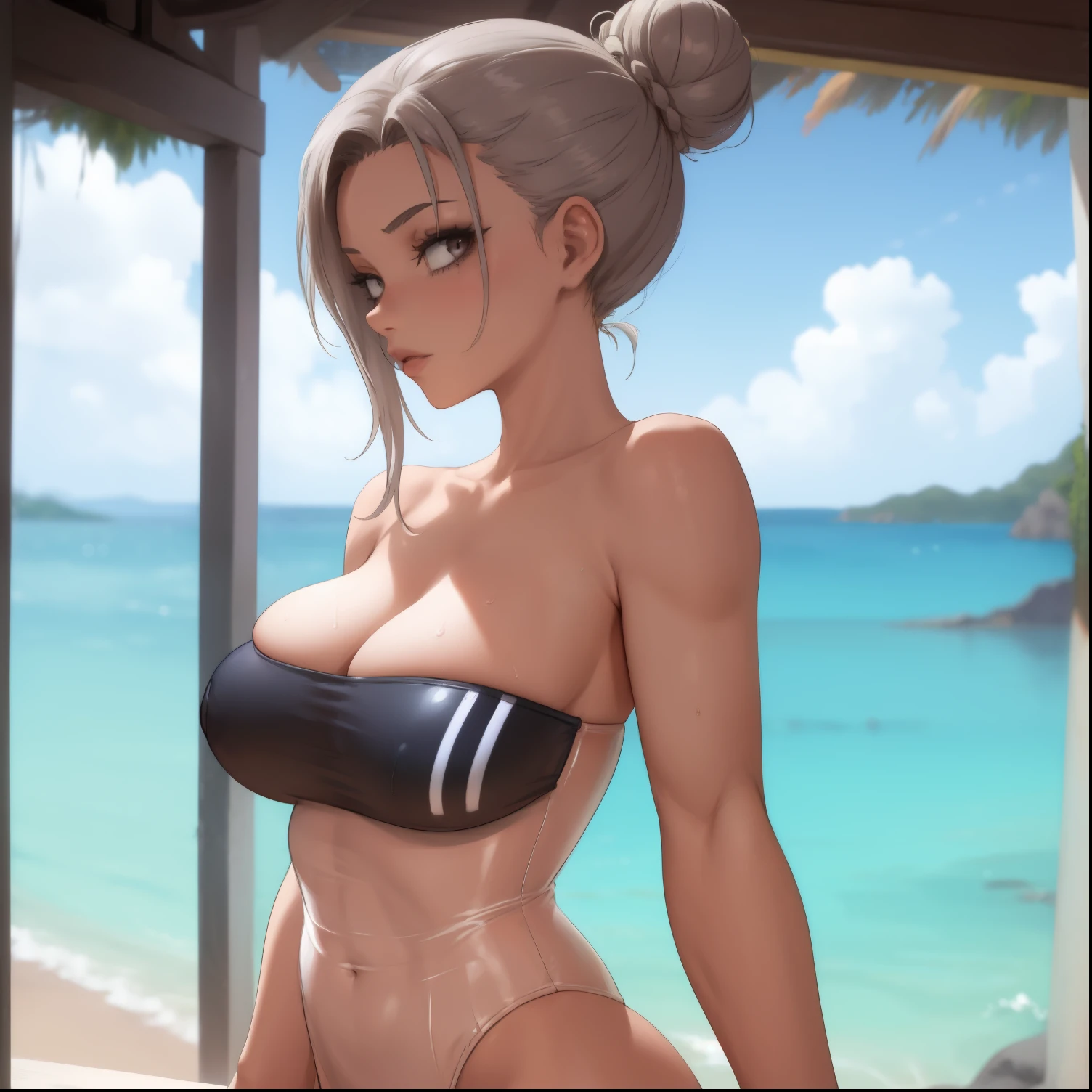 1girl, gris swimsuit, from side, upper body, single hair bun, looking at viewer, large breasts,, masterpiece, best quality, highly detailed