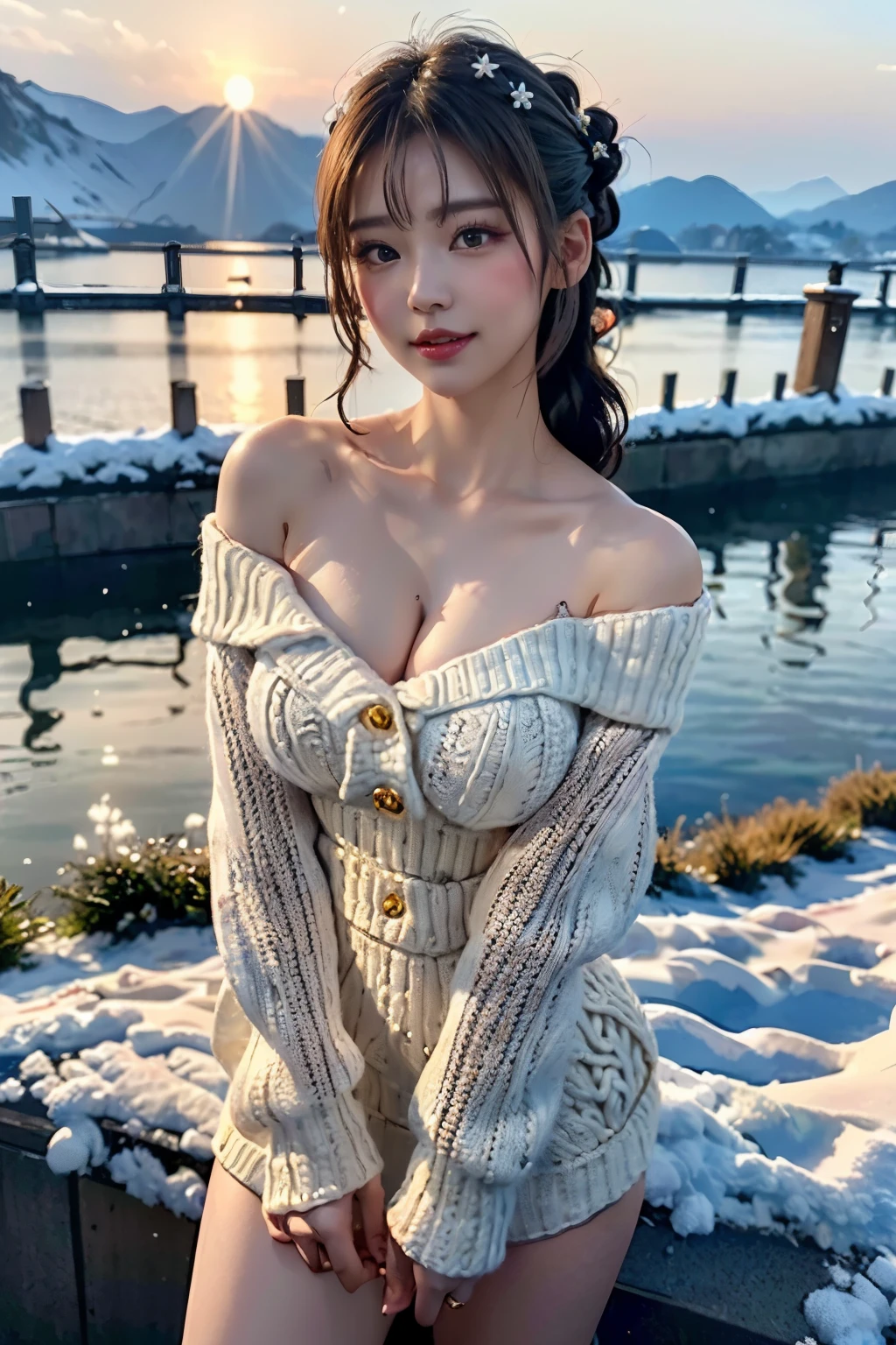 (Make your subject look three-dimensional with the contrast of light and shadow),(((With the sunset in the background))),(((standing on a snowy mountain in winter:1.3))),cute and beautiful adult woman,cute smile,with blushing cheeks,red lips,(((Off-white off-shoulder knit jumper dress:1.3))),black stockings,Knee-high boots,(silvery hair,floral braided headband,half up、floral braided space bun,voluminous fishtail braid,Twisted pan,),(The bangs are see-through bangs),hairpin,hair ornaments,(((emphasize the chest:1.3))),Breast flick,Detailed clothing characteristics,Detailed characteristics of hair,detailed facial features,(dynamic angle),(dynamic and sexy pose),professional lighting,cinematic light,(highest quality,Ultra high resolution output image,) ,(8K quality,Depth of the bounds written,Anatomically accurate facial structure,),(sea art 2 mode:1.3),(Image mode Ultra HD,),(3D Realistic Photography:1.3)