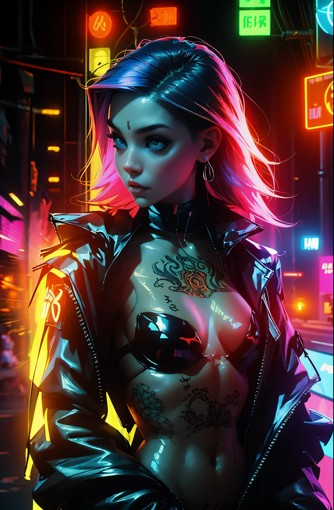 garota de costas, sem camisa, vibrant colors hair, looking behind, dragon tattoo on the back, imagem estilo cyberpunk, luzes neon, alta qualidade, ultra 8k