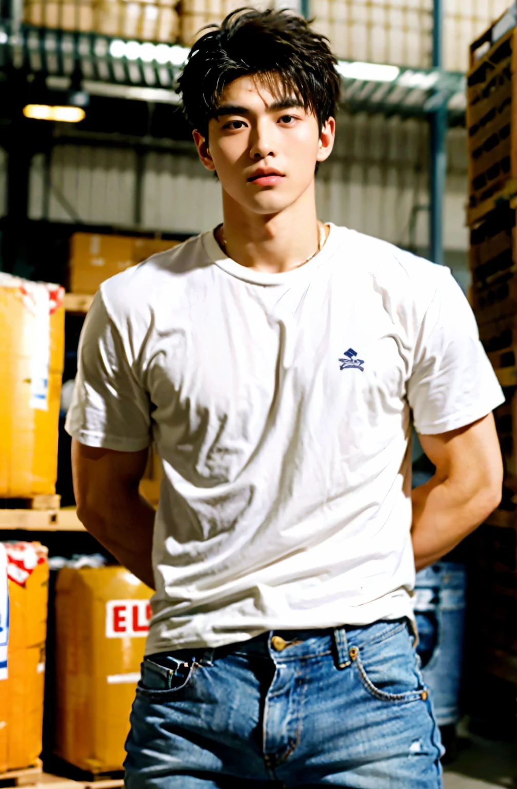 1 18 year old Asian handsome guy,18-year-old Asian male high school student practicing sports,youth sunshine,Who is Shi Yu?, Li Yuanbin, Kim Hyung Tae, Kim Hyung Tae, Yin Shishan, Handsome Asian muscular guy,Broad shoulders and narrow waist,A handsome guy wearing a sports T-shirt and jeans,Form-fitting fabric contours the bust,in a remote warehouse,hands tied behind back,Hands tied behind the back,hands tied behind back,Masculine and sexy,High,Muscles look good,hairy body,Wheat complexion,black eyes(thin eyes 1:3),whole body image