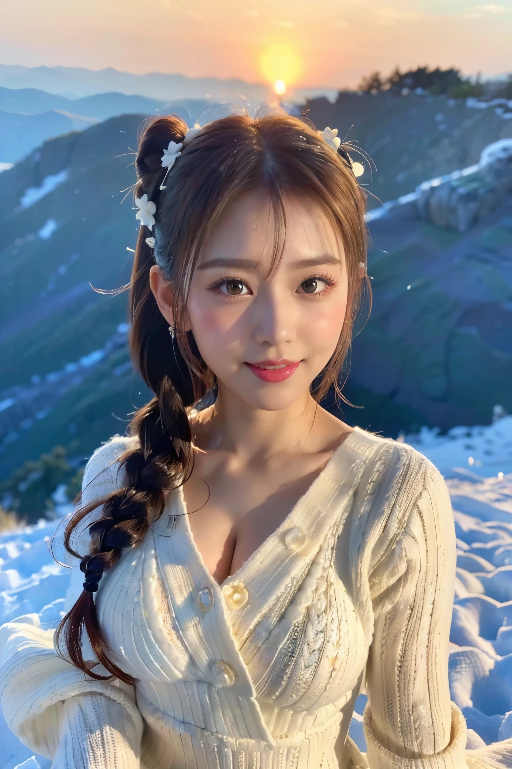(Make your subject look three-dimensional with the contrast of light and shadow),(((With the sunset in the background))),(((standing on a snowy mountain in winter:1.3))),cute and beautiful adult woman,cute smile,with blushing cheeks,red lips,(((off-white knit jumper dress:1.3))),black stockings,Knee-high boots,(silvery hair,floral braided headband,half up、floral braided space bun,voluminous fishtail braid,Twisted pan,),(The bangs are see-through bangs),hairpin,hair ornaments,(((emphasize the chest:1.3))),Breast flick,Detailed clothing characteristics,Detailed characteristics of hair,detailed facial features,(dynamic angle),(dynamic and sexy pose),professional lighting,cinematic light,(highest quality,Ultra high resolution output image,) ,(8K quality,Depth of the bounds written,Anatomically accurate facial structure,),(sea art 2 mode:1.3),(Image mode Ultra HD,),(3D Realistic Photography:1.3)