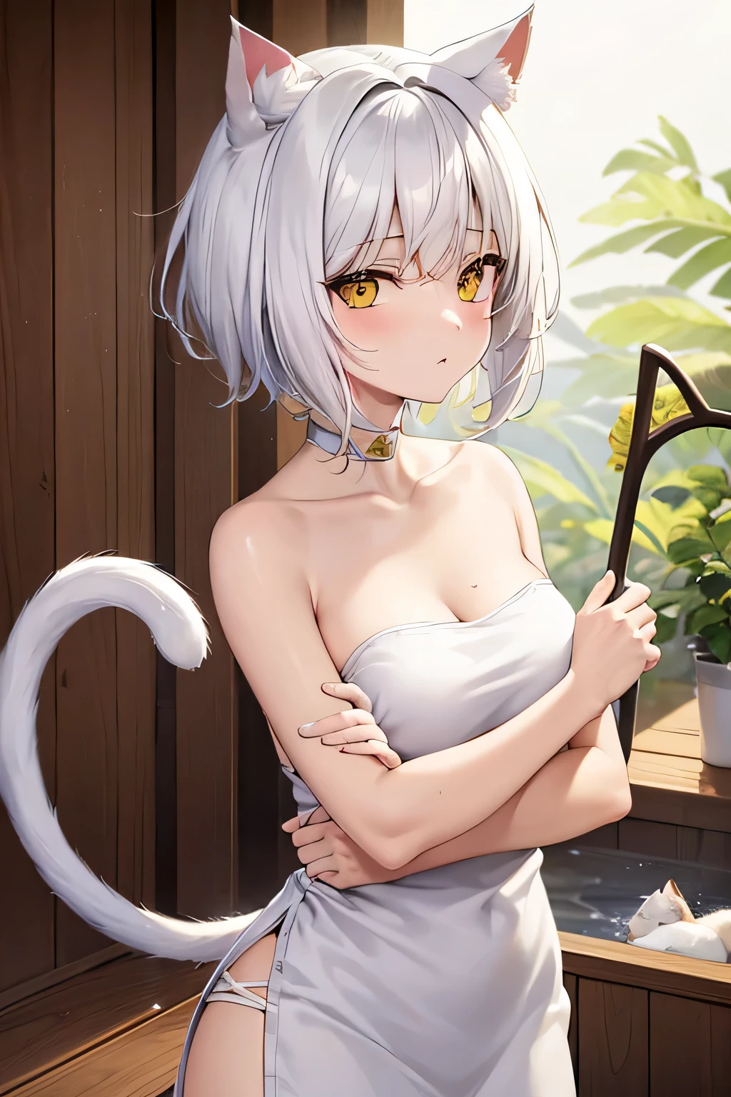 score_9, score_8_up, score_7_up, score_6_up, rating_explicit, anime_source, (perfect hands:1.2), ( perfect anatomy:1.4), cinematic shadow, cinematic light, cute and sensitive,body blush, characters focus, detailed eyes, detailed skins, (koneko toujou:), short hair, hair ornament, cat hair ornament, yellow eyes, white hair,cat ears,cat tail,cat girl, cowboy shot,(black long deress:1.6), standing, erotic, sexy