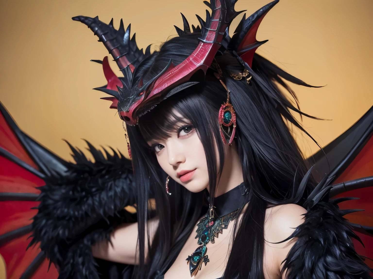 she looks at the photographer on her back,relaxed pose,( absurdly , high quality , Super detailed, black dragon queen,Detailed and beautifully colored dragon costume