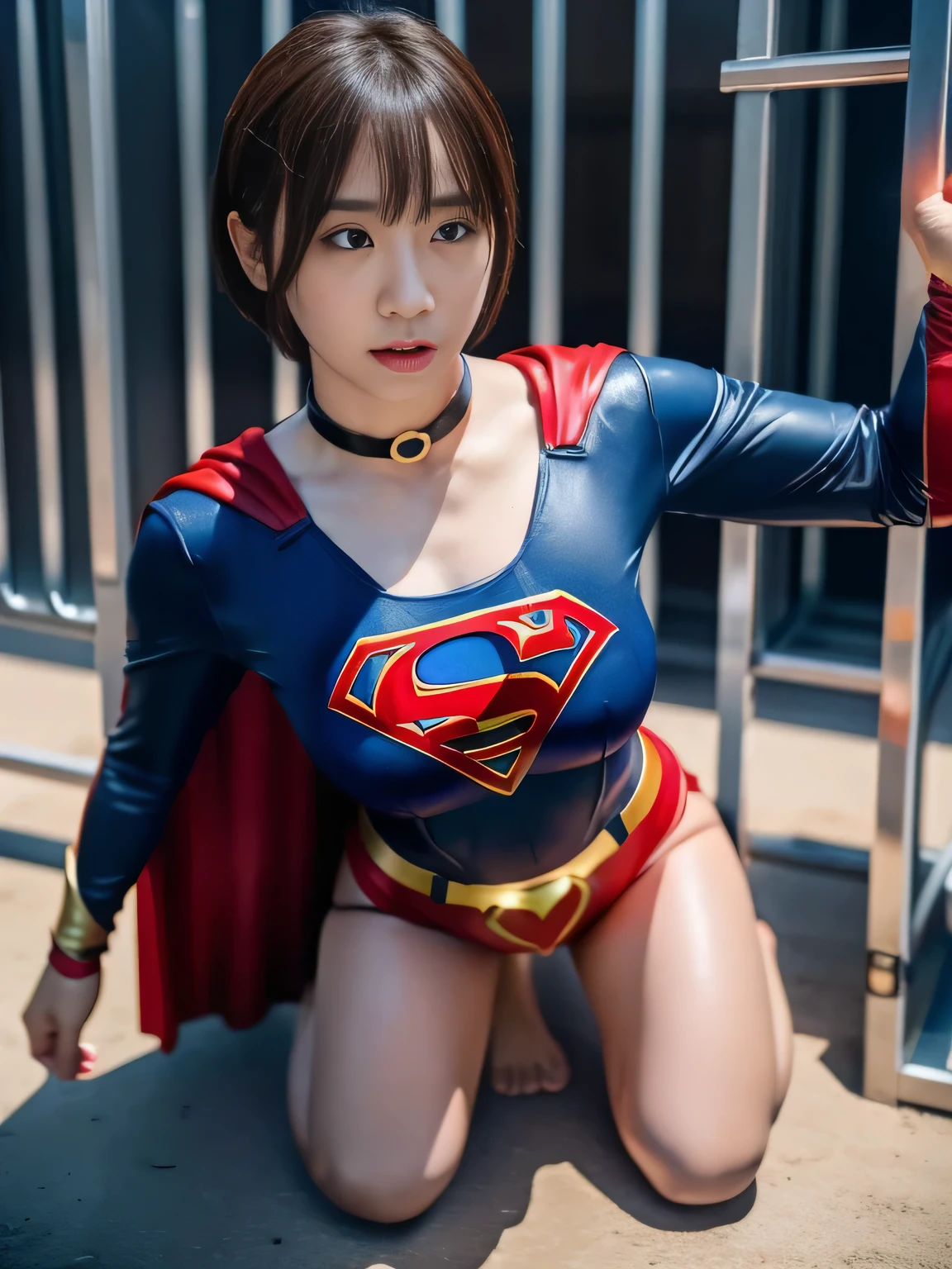 masterpiece、supergirl costume、short hair、barefoot、big and full breasts、Crisis situation、Complete surrender、prison、in a cage、sense of abuse、kneel down、sweaty、shiny、looking at camera、Seduce、choker、long sleeve、red sexy pose、POW camps、humiliating、