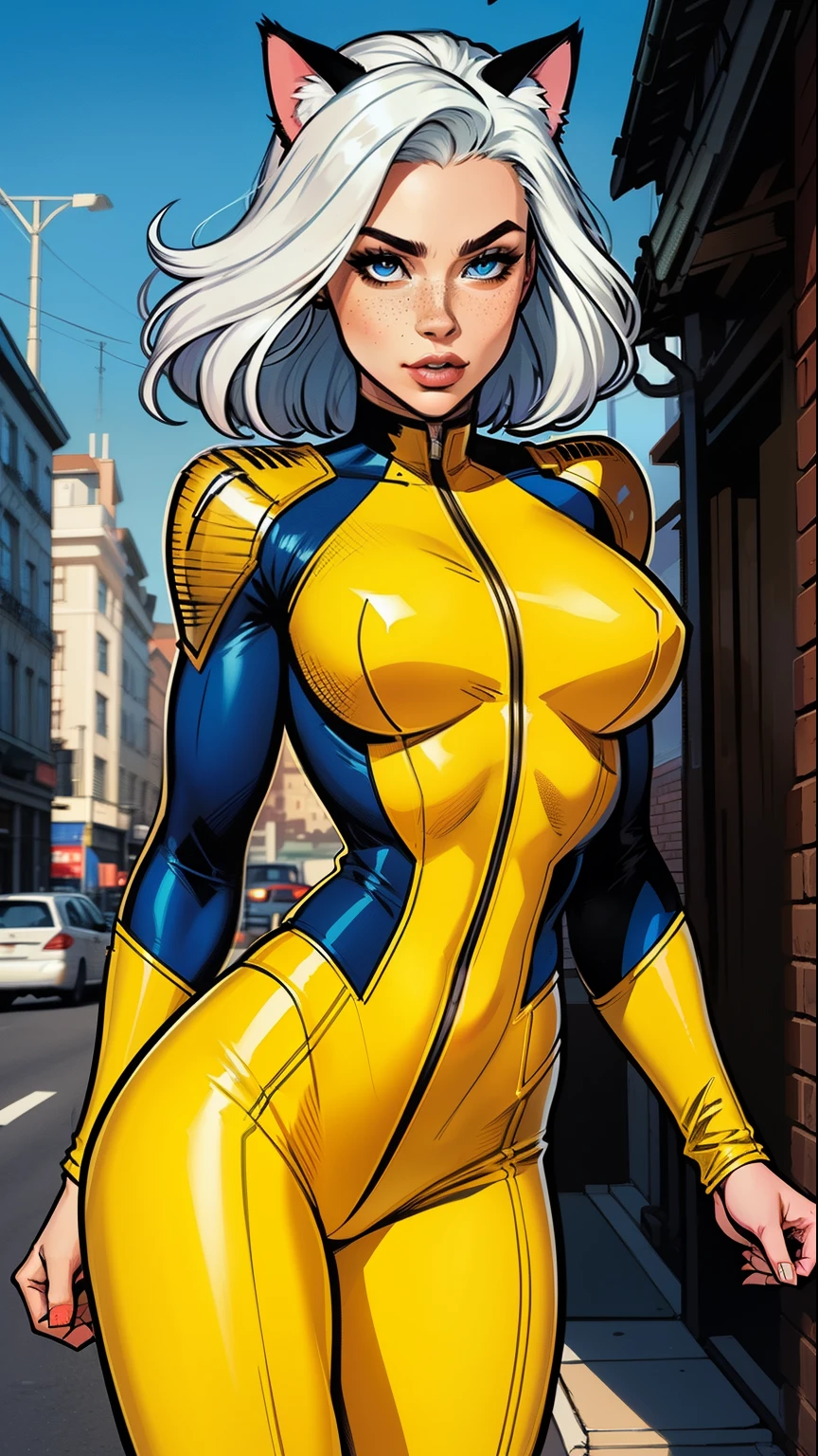 A woman, white hair, hair with bangs, 90's x-men uniform, outside, Marvel art style, comic, cat ears, blue eyes, freckles, yellow spandex