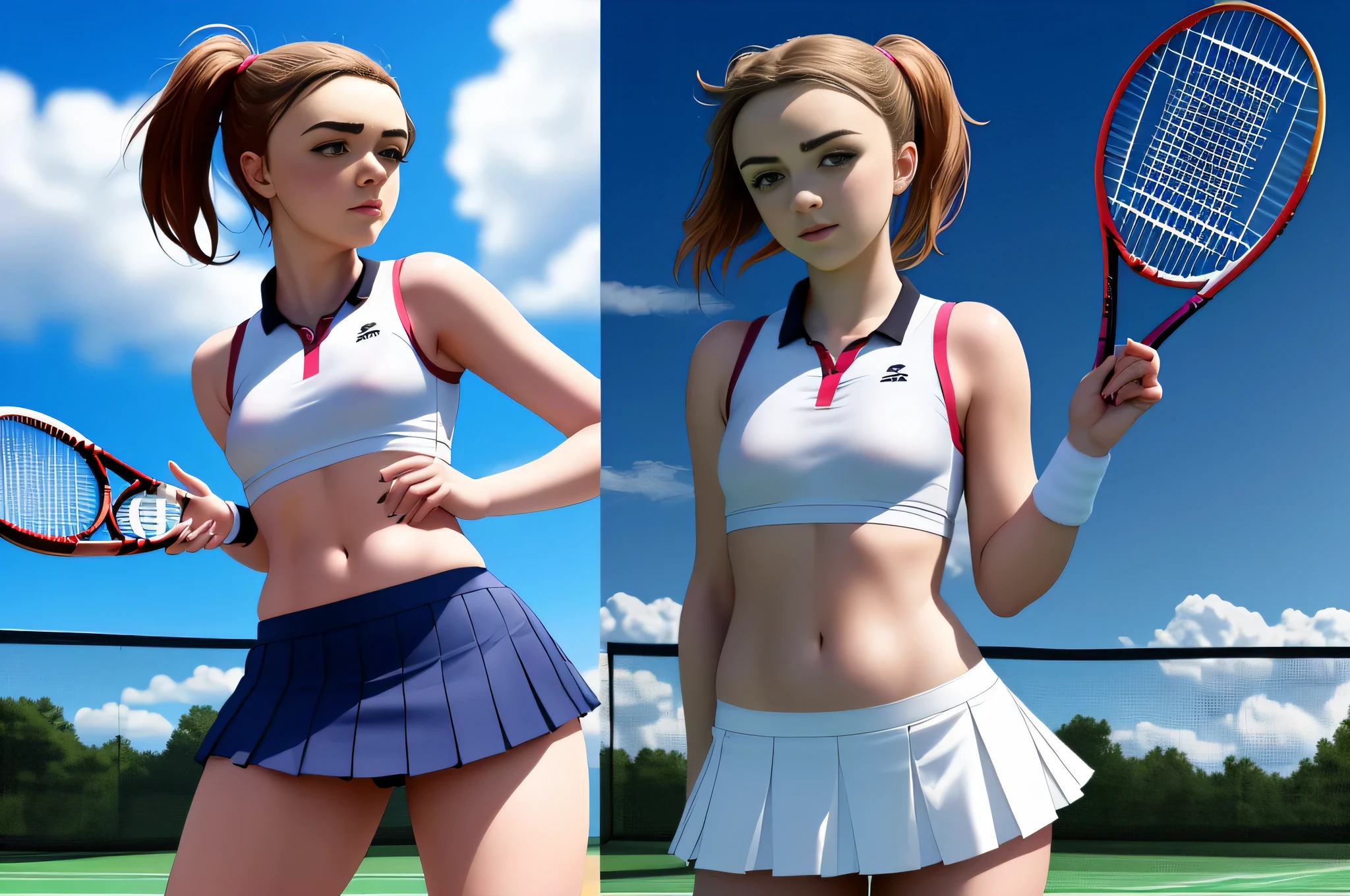 Maisie Williams, masterpiece quality, realistic, lots of detail, 1girl, solo, alone, (alone:1.9), beautiful sunny day, beautiful clouds in sky, on a tennis court, wearing a tennis uniform, wearing cop top, midriff, wearing short pleated skirt, small breasts, (small breasts:1.3), thin body, (thin:1.3), sexy pose, seductive face, 