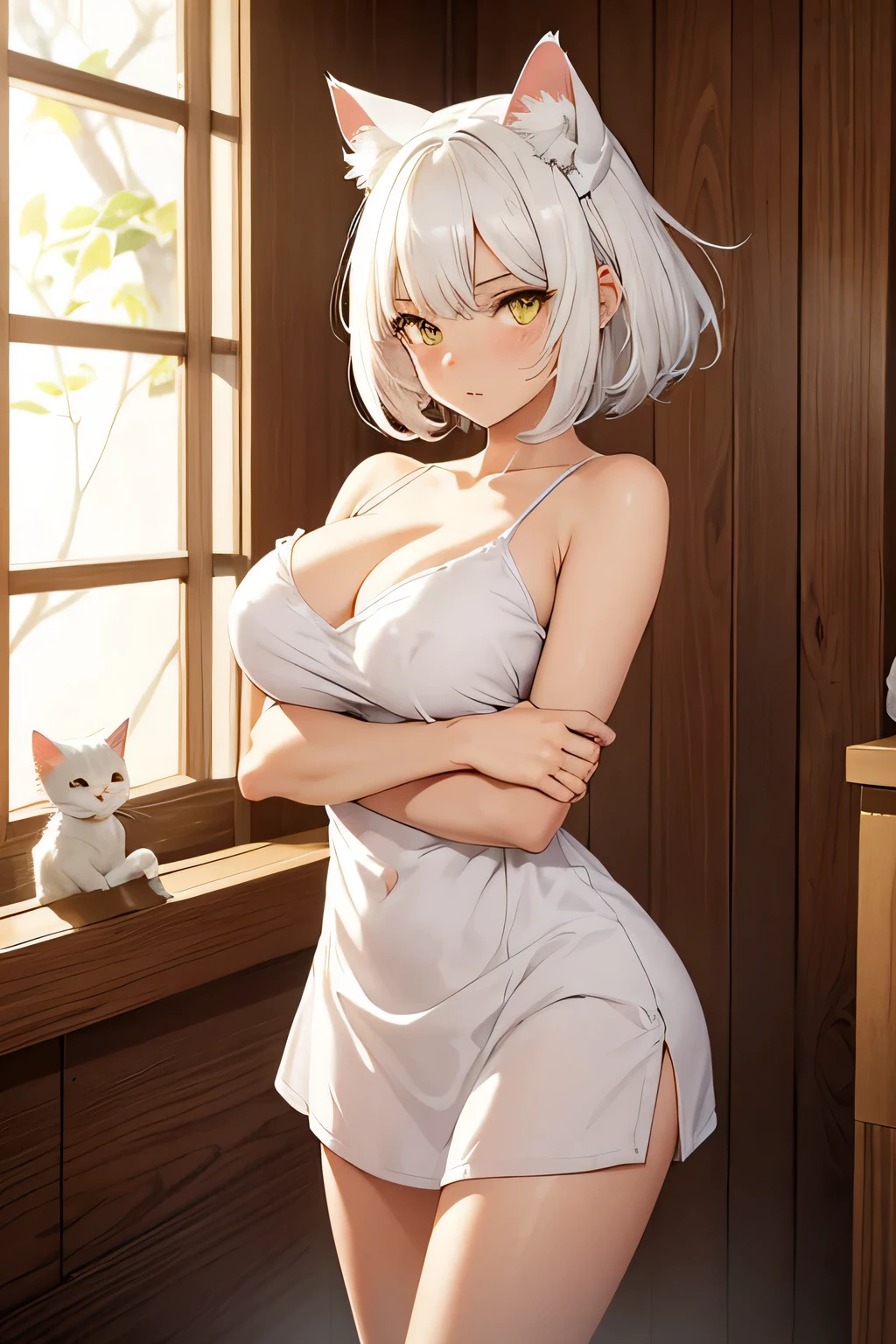 garota, branca, cabelos curtos branco, olhos amarelos, de toalha, fonte termal, seios, orelha de gato, Rabo de gato, garota, branco, short branco hair, olhos amarelos, na toalha, Primavera quente, seios, orelhas de gato, Rabo de gato