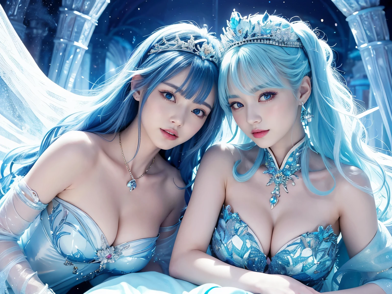 宮殿の床に横たわるtwo ice queens, they are lying on their backs, relaxed pose,( absurdly , high quality , Super detailed,(See photographer )two ice queens,Crystal costume with detailed, beautiful and colorful patterns,ice queen,ice World,fantasy palace of god
