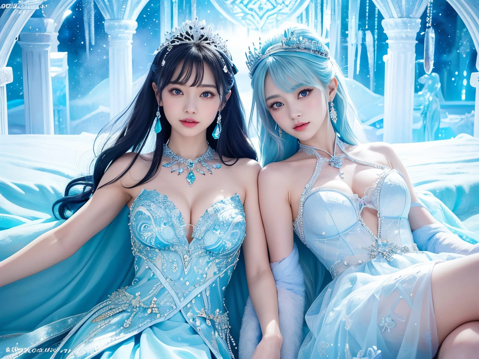 宮殿の床に横たわるtwo ice queens, they are lying on their backs, relaxed pose,( absurdly , high quality , Super detailed,(See photographer )two ice queens,Crystal costume with detailed, beautiful and colorful patterns,ice queen,ice World,fantasy palace of god
