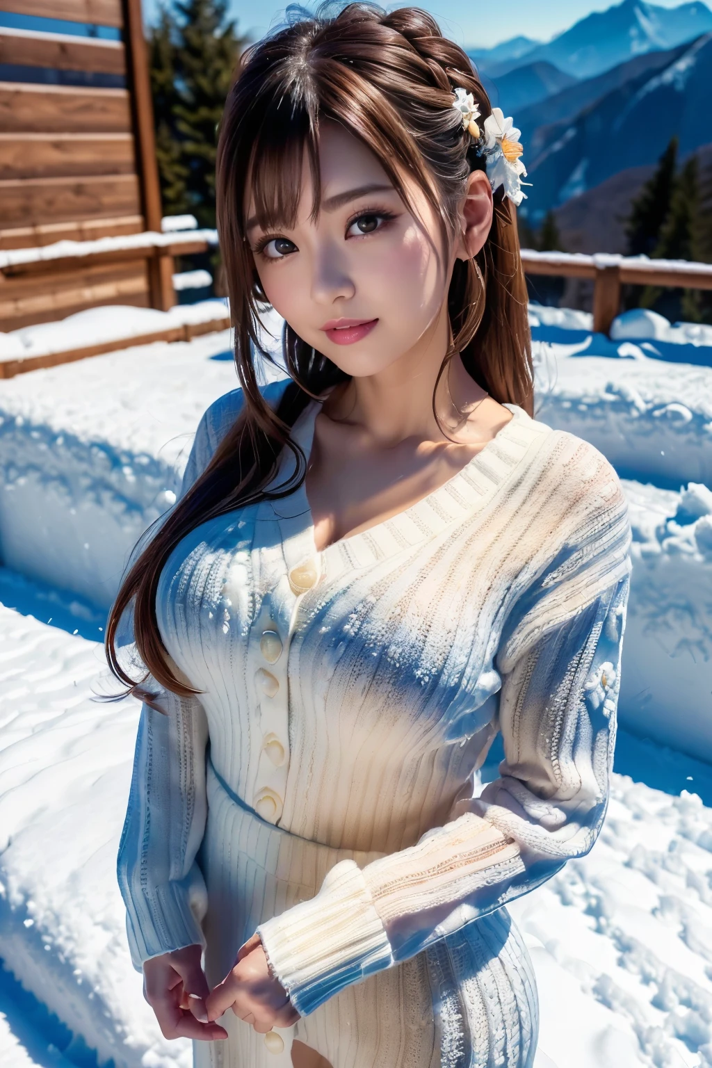 (Make your subject look three-dimensional with the contrast of light and shadow),(((With the sunset in the background))),(((standing on a snowy mountain in winter:1.3))),cute and beautiful adult woman,cute smile,with blushing cheeks,red lips,(((off-white knit jumper dress:1.3))),black stockings,Knee-high boots,(silvery hair,floral braided headband,half up、floral braided space bun,voluminous fishtail braid,Twisted pan,),(The bangs are see-through bangs),hairpin,hair ornaments,(((emphasize the chest:1.3))),Breast flick,Detailed clothing characteristics,Detailed characteristics of hair,detailed facial features,(dynamic angle),(dynamic and sexy pose),professional lighting,cinematic light,(highest quality,Ultra high resolution output image,) ,(8K quality,Depth of the bounds written,Anatomically accurate facial structure,),(sea art 2 mode:1.3),(Image mode Ultra HD,),(3D Realistic Photography:1.3)