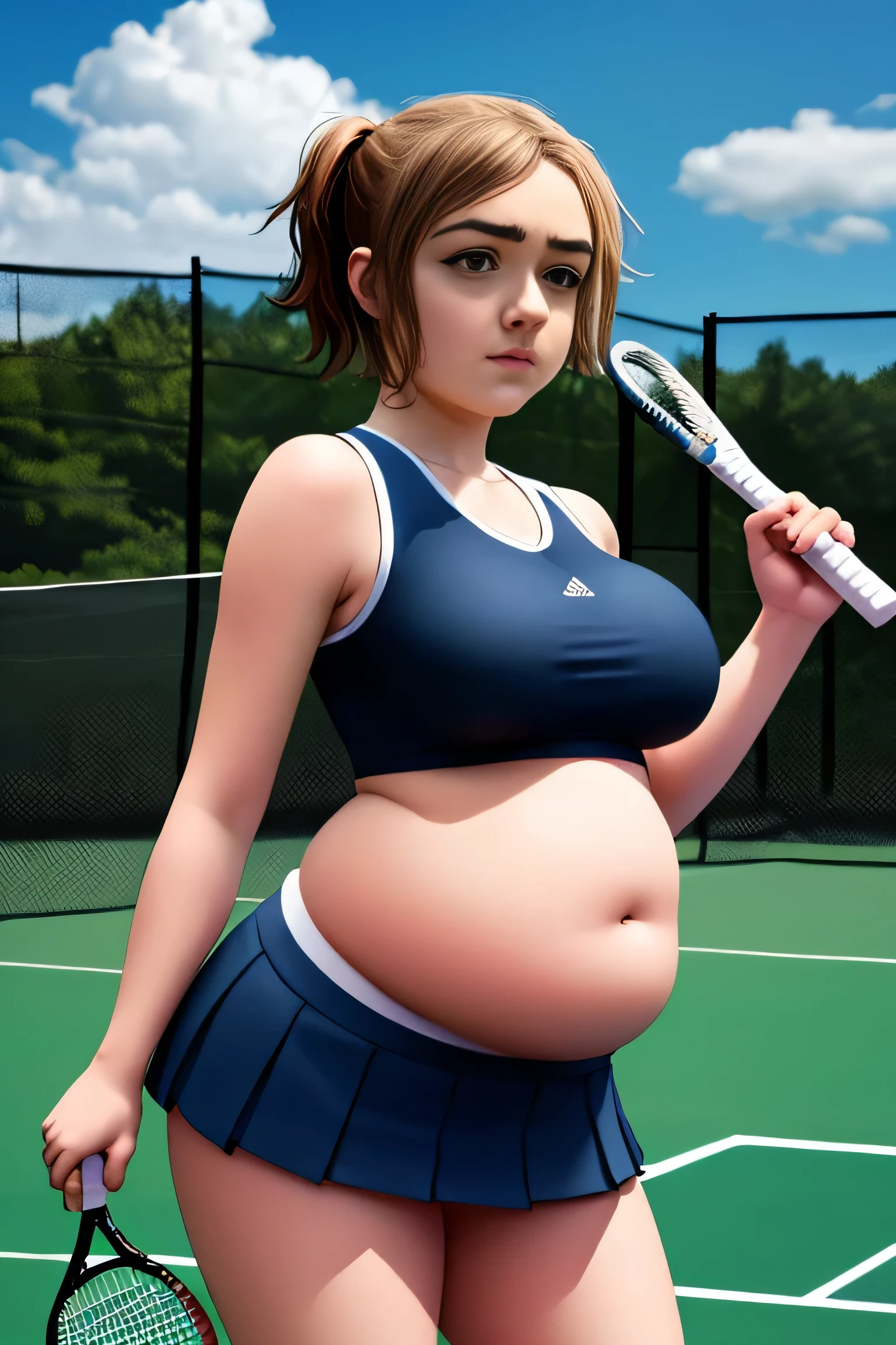 Maisie Williams, masterpiece quality, realistic, lots of detail, 1girl, solo, alone, (alone:1.9), beautiful sunny day, beautiful clouds in sky, on a tennis court, wearing a tennis uniform, wearing cop top, midriff, wearing short pleated skirt, average breasts, (average breasts:1.3), chubby belly, (chubby belly:1.1), chubby body, sexy pose, seductive face,  empty hands, 