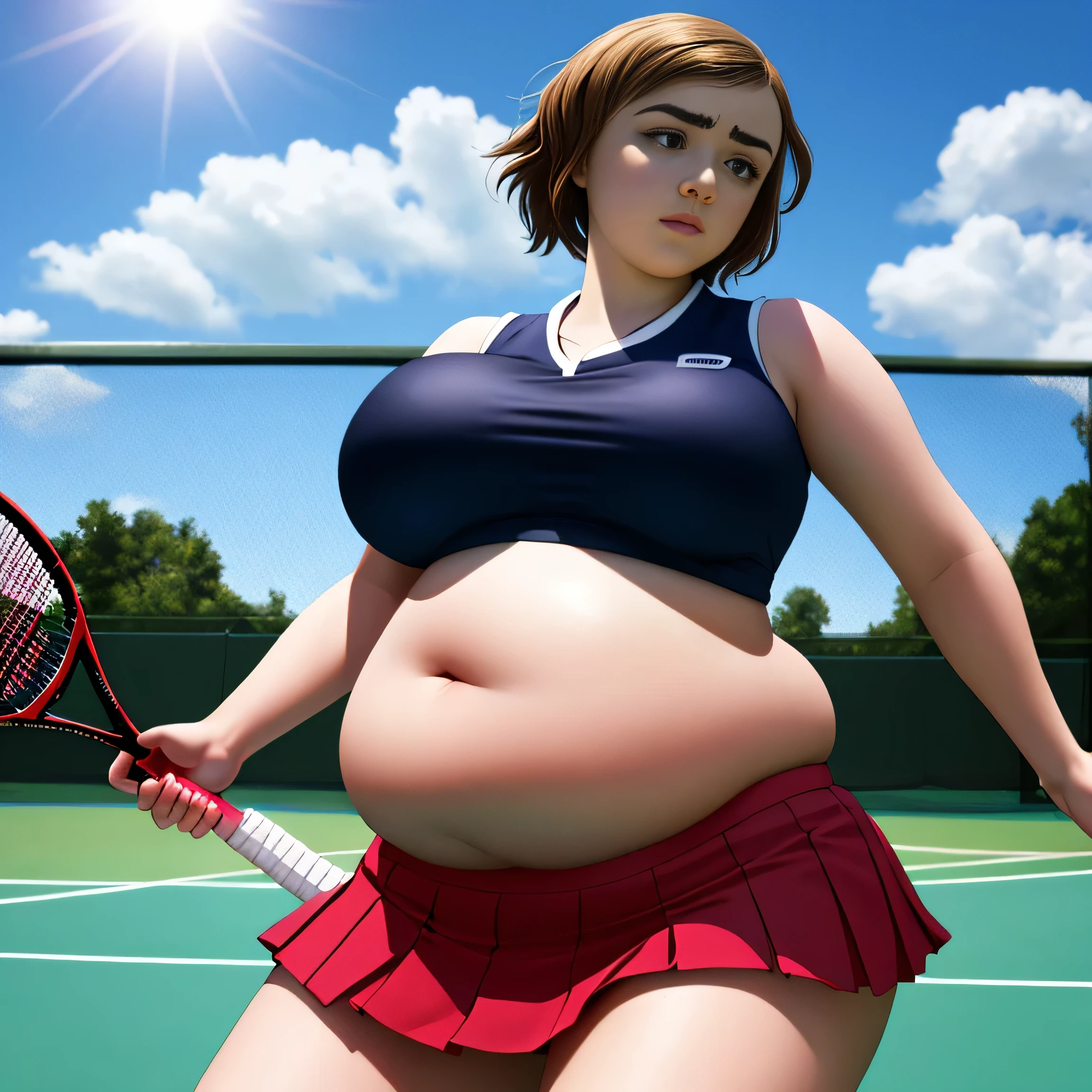 Maisie Williams, masterpiece quality, realistic, lots of detail, 1girl, solo, alone, (alone:1.9), beautiful sunny day, beautiful clouds in sky, on a tennis court, wearing a tennis uniform, wearing cop top, midriff, wearing short pleated skirt, big breasts, (big breasts:1.3), chubby belly, (chubby belly:1.1), chubby body, sexy pose, seductive face, empty hands,