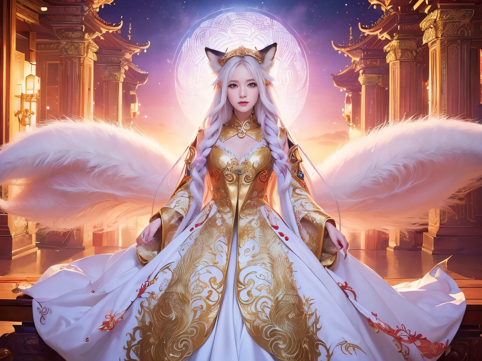 ( absurdly , high quality , Super detailed,(See photographer ),(fox god,nine-tailed fox) ,beautiful long white hair，Costumes with detailed, beautiful and colorful patterns,See photographer,god&#39;s palace
