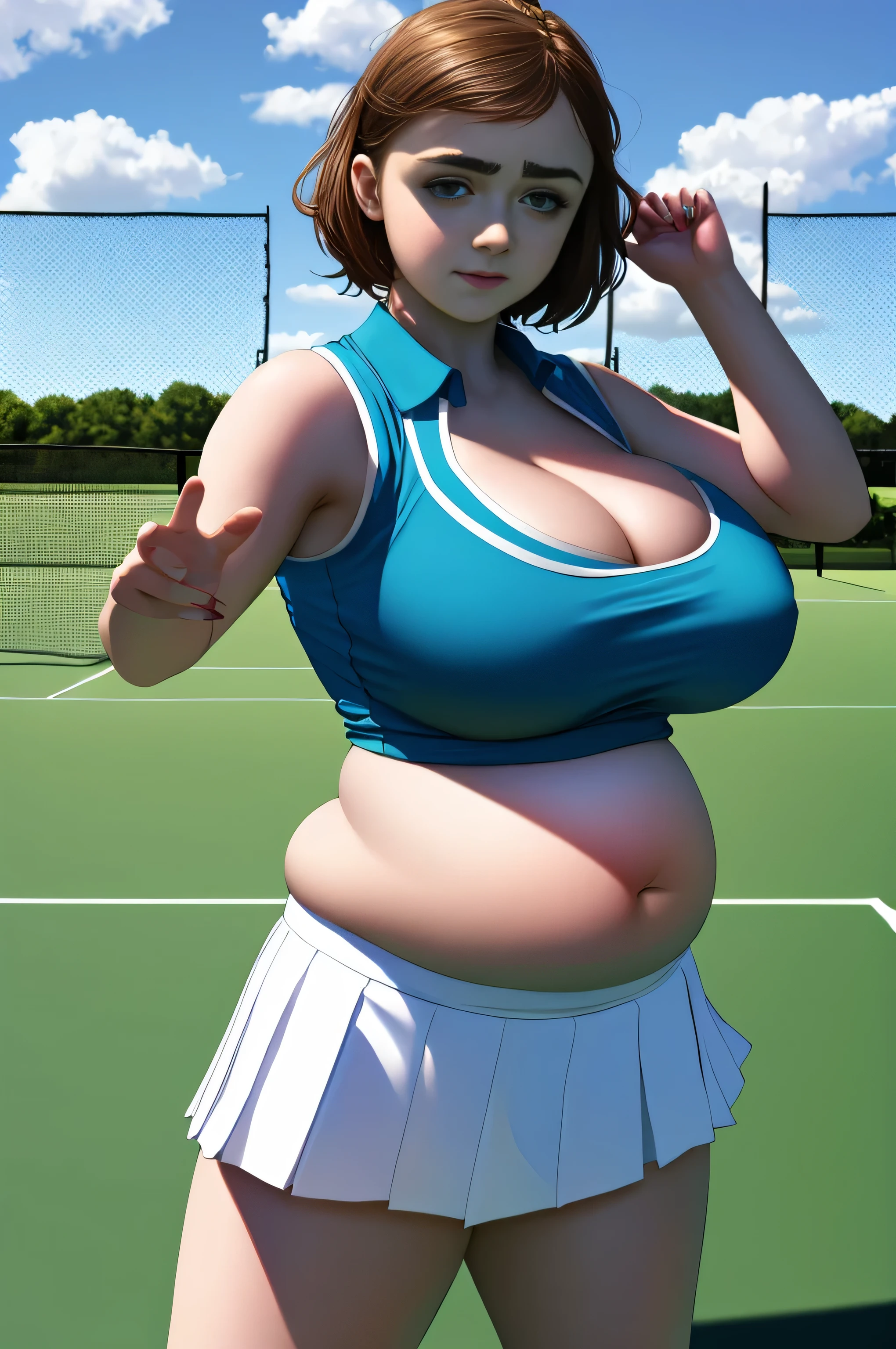 Maisie Williams, masterpiece quality, realistic, lots of detail, 1girl, solo, alone, (alone:1.9), beautiful sunny day, beautiful clouds in sky, on a tennis court, wearing a tennis uniform, wearing cop top, midriff, wearing short pleated skirt, big breasts, (big breasts:1.3), lots of cleavage, chubby belly, (chubby belly:1.1), chubby body, sexy pose, seductive face, empty hands,