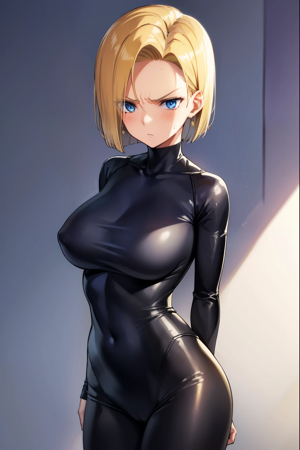 highest quality, High resolution, AND18, 1 girl, android 18, alone, golden hair, blue eyes, short hair,earrings,big breasts, frown,troubled face, Sweat,1 girl, Black tight suit, streak,looking at the viewer,