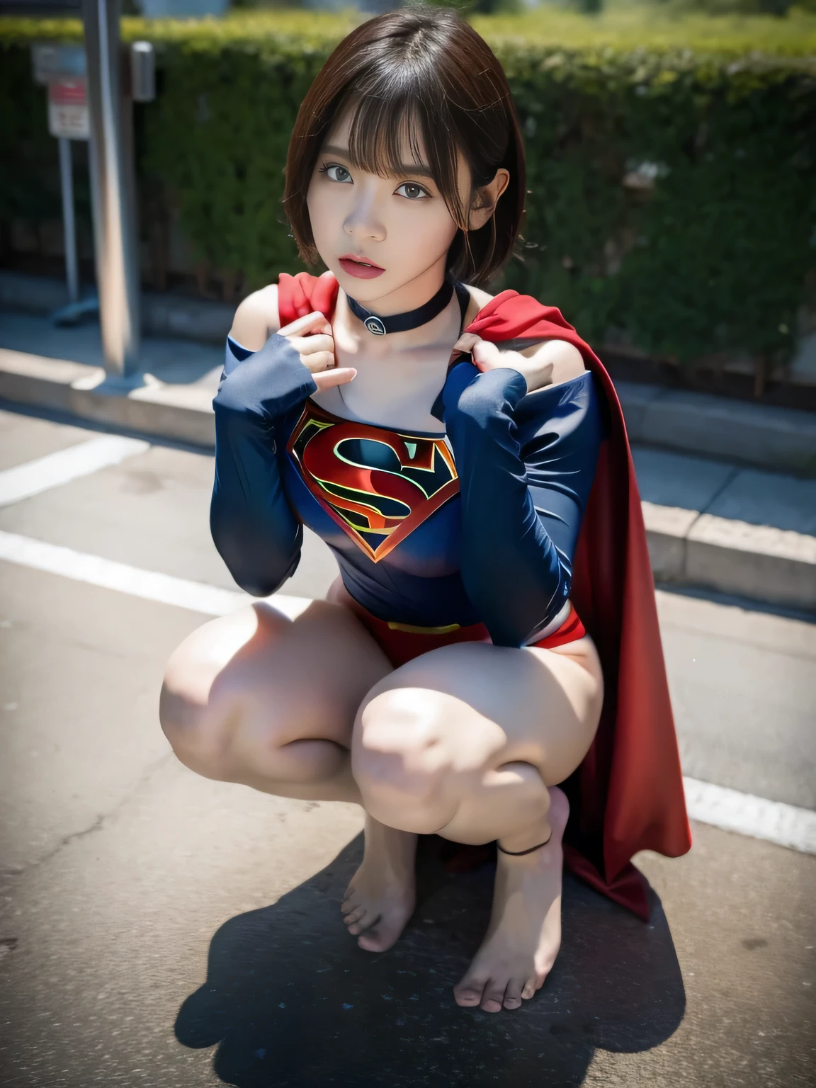 masterpiece、supergirl costume、short hair、barefoot、big and full breasts、Crisis situation、Complete surrender、prison、in a cage、sense of abuse、kneel down、sweaty、shiny、looking at camera、Seduce、choker、long sleeve、red sexy pose、POW camps、humiliating、