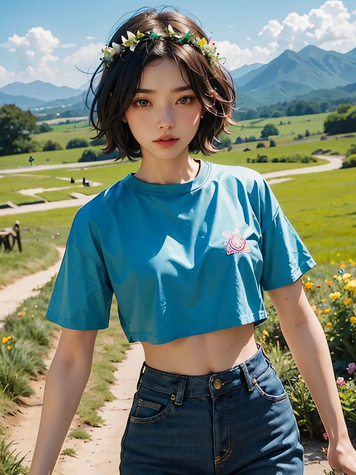 undercut hair styles, cropped blue t-shirts, flower crown, Pants, grass mountain background