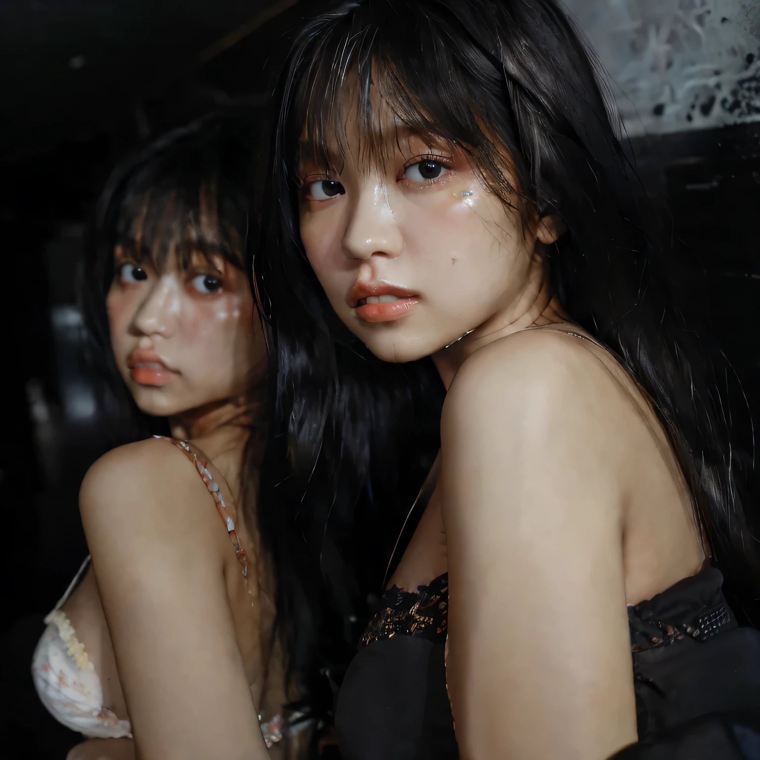 Identical twin sisters hugging、highest quality, spectacular realistic, ((in the pitch black darkness :1.4)), ((portrait:1.5)),(background: dark ) high contrast ,great picture, lowest lux, lighting face, she is comfortable, not wearing anything, , looks incredible, (8k, RAWphotograph, highest quality),(spectacular realistic:1.5), woman, face,(fine eyes:0.8),(looking at camera:1.4), (highest quality), ( high contrast, deep shadow),intricate details,cinematic,((skin:1.4)), (long dark hair:1.3), long hair, Messy ,(HDR:1.5),be familiar with, color, excellent quality, masterpiece, RAWphotograph (20-year-old, looking at the viewer), beautiful, (wearing a plain shirt,), perfection, nature, perfection composition, portrait, perfection face, 笑face expression, enchanting eyes, bright details, tight lips, (high skin detail),, (bluish: 0.6), (sale: 0.8), (Bloodstained: 0.7), key lighting , (Backlight: 0.5), medium depth of field, canon 5d, 50mm lens, f/4 apertures, (super detailed, intricate details), sharp focus, soft color, 8k, absurd, 80mm, dark background, photograph, 笑face, pinay, Filipino, Moderate ,