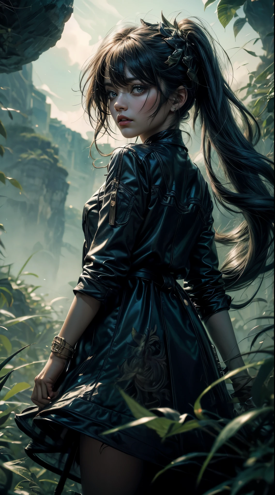 "((inocente)) garota, Hora dourada, prado sonhador, ethereal, caprichoso, flowing dress, luz solar suave, encantador, Asas de borboleta, (nuvens pastel), liquid reflections, 1 garota num lago congelado, nome, night and starry sky, Trees, flores, a garota usa uma jaqueta de couro vermelho, blusa preta e calsa marrom, foco no rosto dele, seus cabelo voa com o ventos, cabelos cacheados de tom escuro, ela olha para lua e as estrelas, parece triste, is accompanied by a frightening shadow, she is accompanied by monsters, 1 garota de cabelos escuros e cacheado