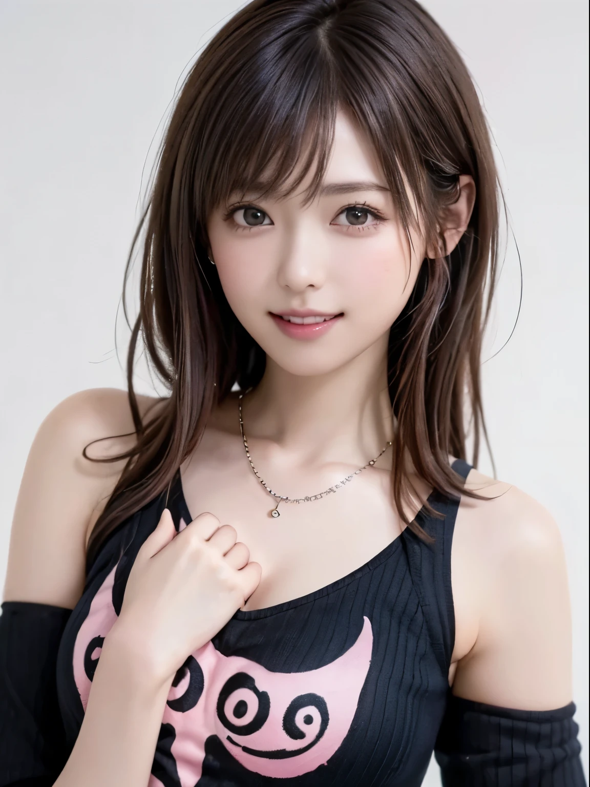 (highest quality、8k、32K、masterpiece、nffsw:1.2)、(Raw photo)、(realistic)、(Photoreal:1.2)、(High resolution)、super detailed、very beautiful face and eyes、1 girl、round and small face、big breasts thin waist、delicate body、(Close-up、highest quality、high detail、rich skin details、nffsw)、(highest quality、8k、oil paint:1.2)、super detailed、(realistic、realistic:1.37)、Bright colors、(((cheeks are flushed)))、(((woman&#39;s face)))、(((White and gray underwear)))、(((touch my light brown hair)))、(((Bewitching atmosphere)))、(((laughter)))、(((It is shown from the waist up)))、(((white background)))、((lob hair))、(((pure white wall background)))、(((she is wearing a pink and black t-shirt)))、(((pure white wall background)))、(((pink and black clothes)))、(((Tamil characters are written on the chest of the clothes.)))、Crescent-shaped necklace、A crescent moon is drawn at the navel of the shirt.