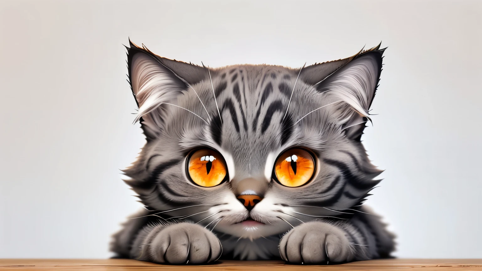 a whimsical cartoon cat, (gray fur:1.2), sitting, looking up and to the left, orange eyes, cute, white background, 2D, a tender loving appearance, (in the art style of Katsuhiro Okamoto:1.2)