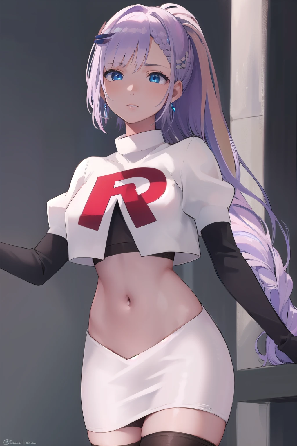 reinepavolia, reine pavolia, blue eyes, braid, braided bangs, light purple hair, parted bangs, ponytail, single braid,
BREAK earrings, feather hair ornament, feathers, jewelry, team rocket,team rocket uniform, red letter R, white skirt,white crop top,black thigh-highs,black elbow gloves
BREAK looking at viewer,
BREAK (masterpiece:1.2), best quality, high resolution, unity 8k wallpaper, (illustration:0.8), (beautiful detailed eyes:1.6), extremely detailed face, perfect lighting, extremely detailed CG, (perfect hands, perfect anatomy),